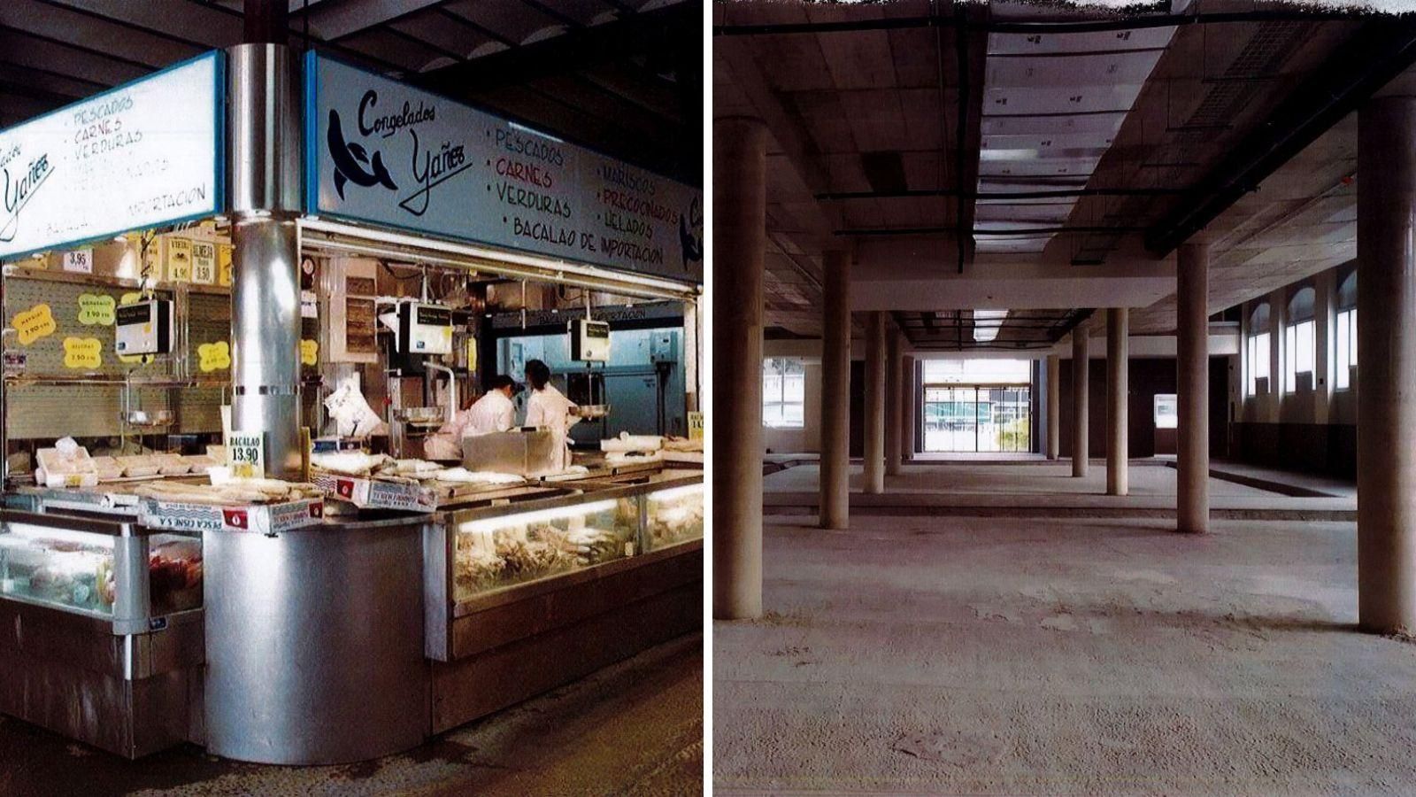 Imagen del interior de la Plaza de Abastos antes de la reforma (fotografía de la izquierda) y en la actualidad (derecha).