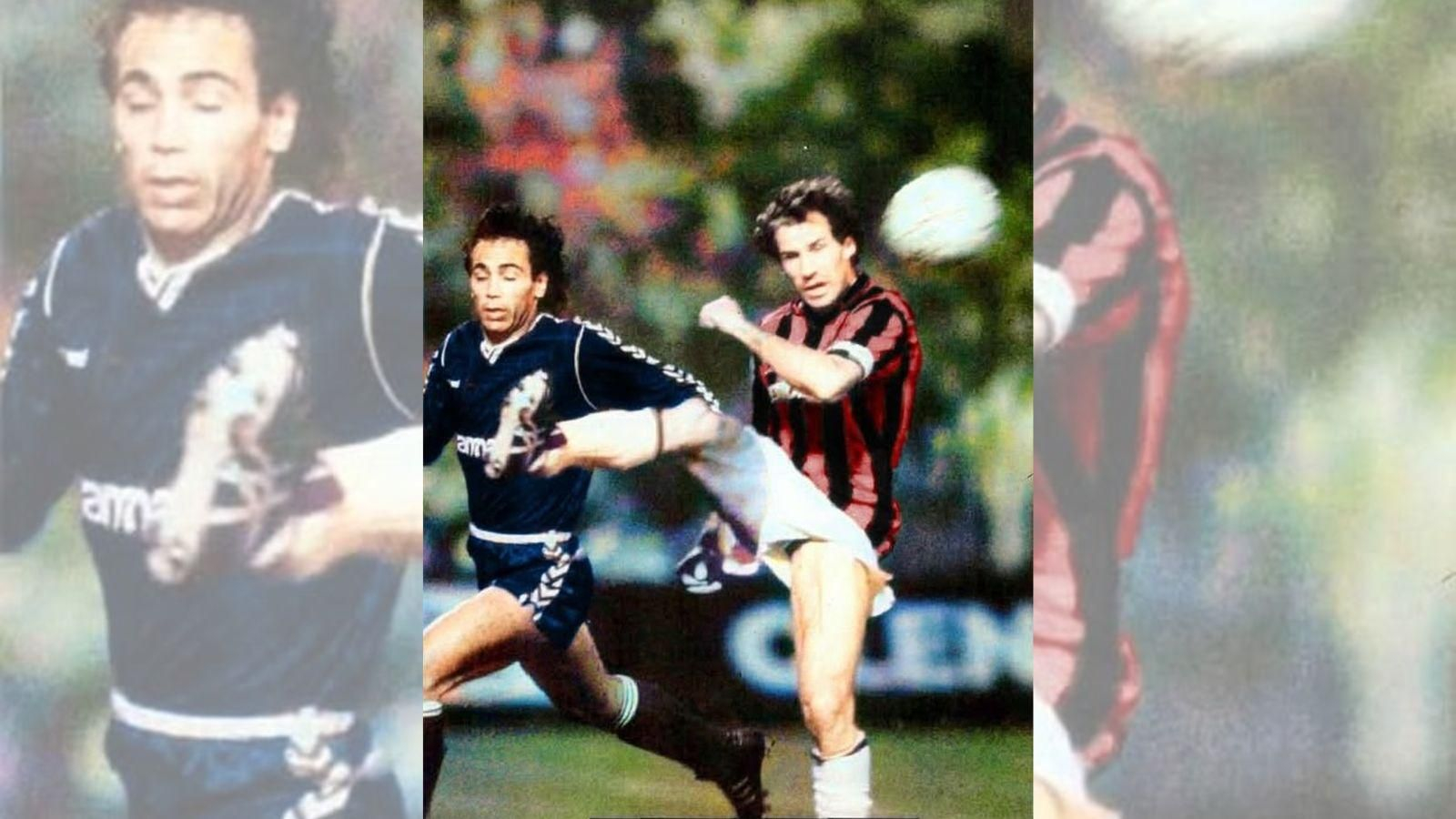 Baresi despeja ante Hugo Sánchez.