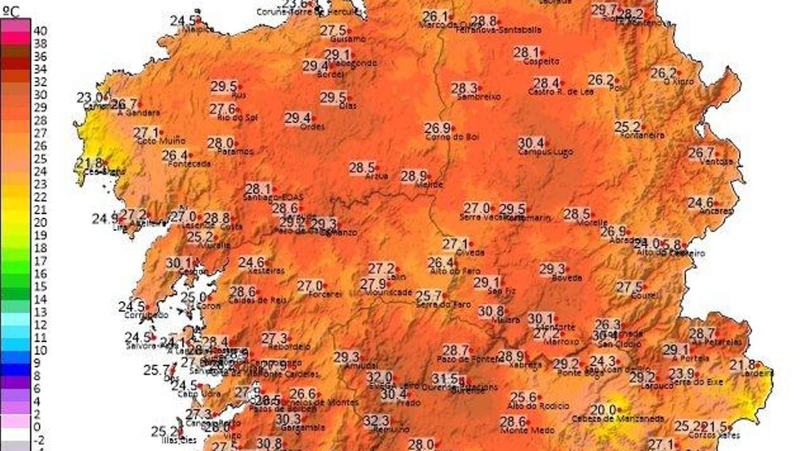 Termperaturas máxima en Galicia por concellos. // MeteoGalicia