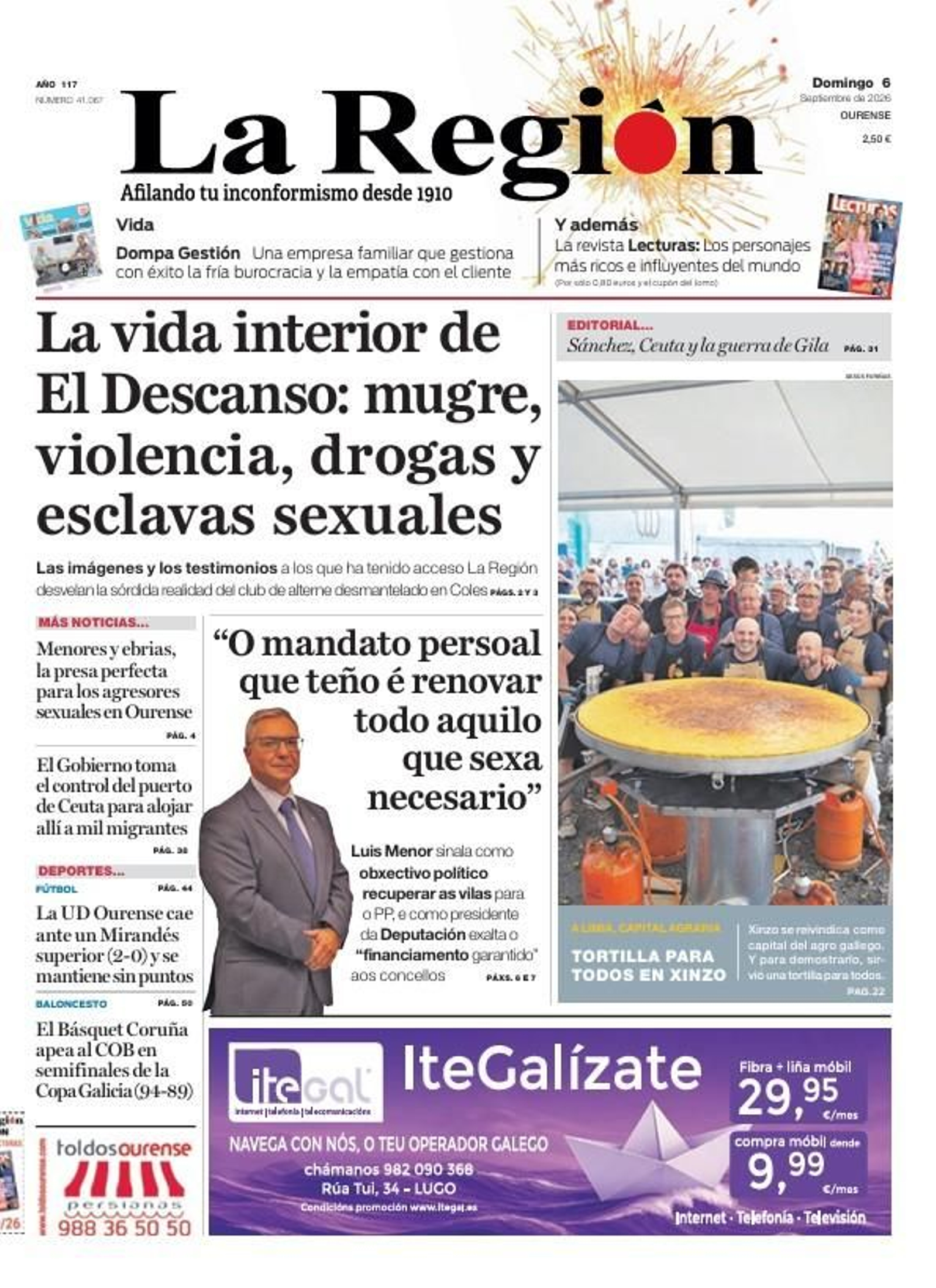 La portada de La Región de este domingo, 6 de septiembre.