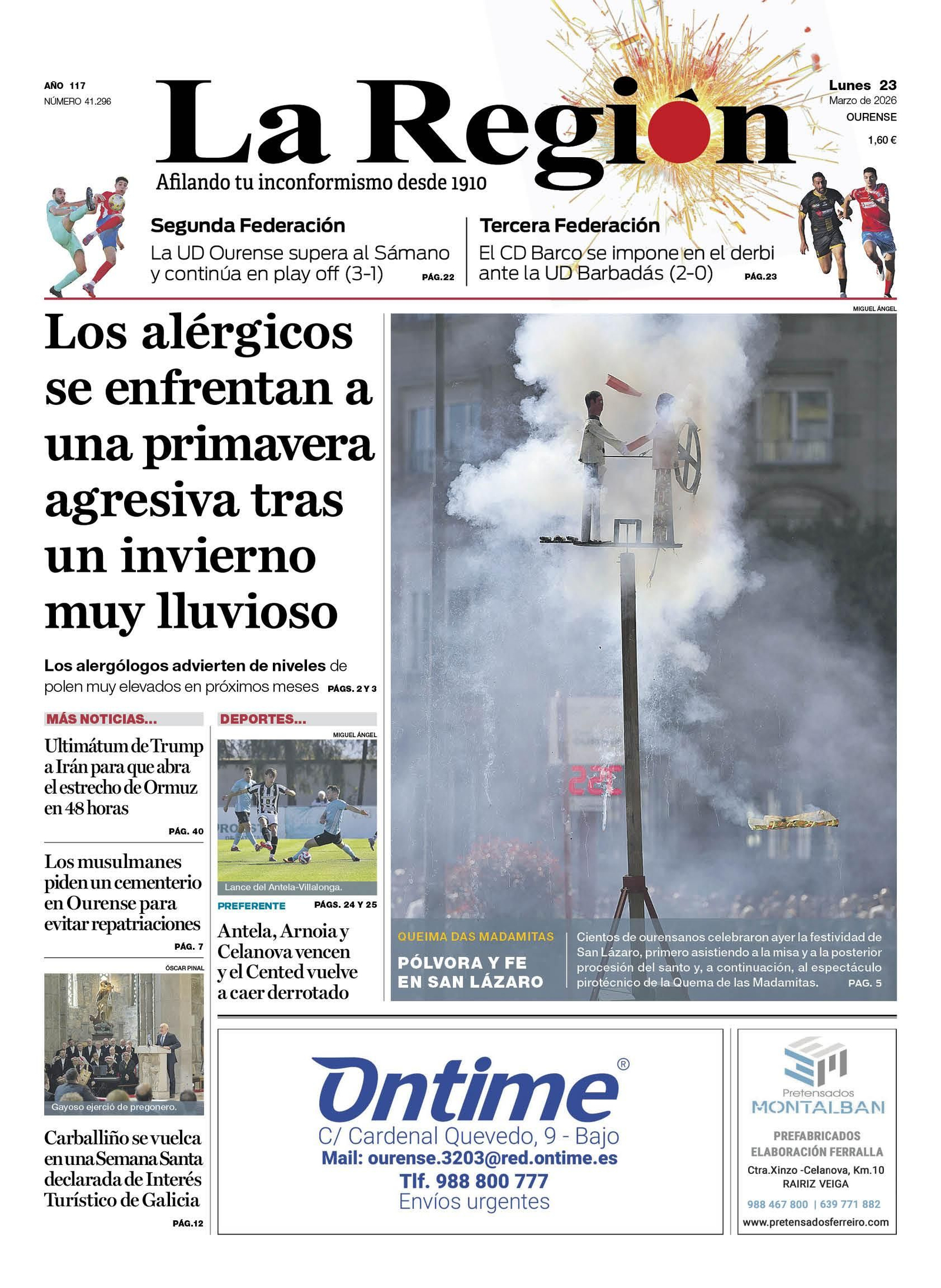 La portada de La Región de este lunes, 23 de marzo.