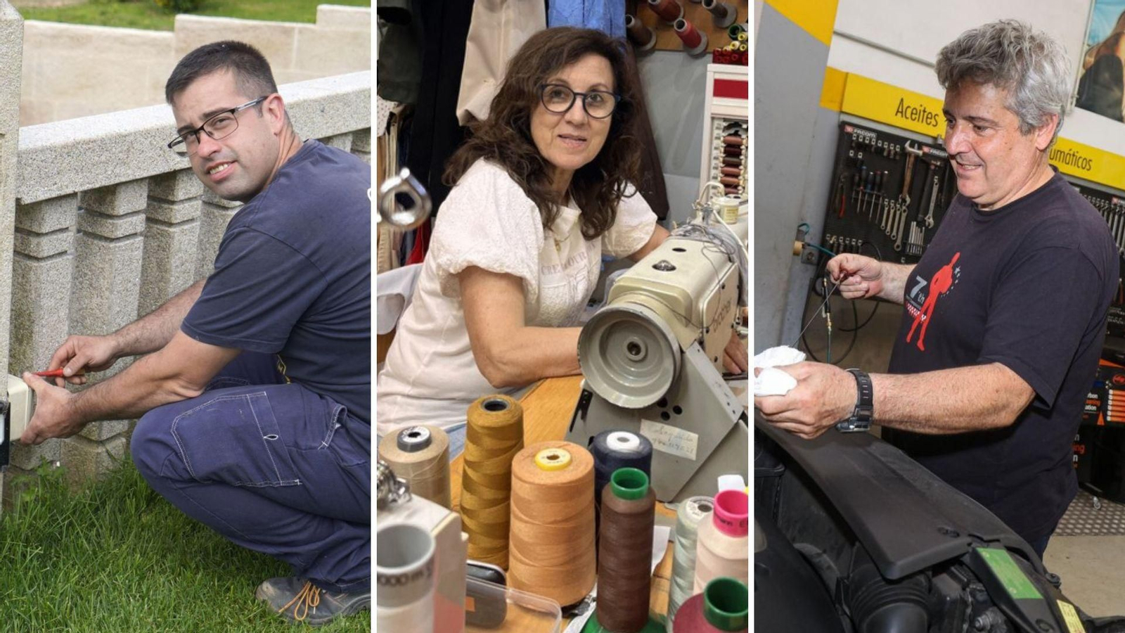 Ismael Gómez Dacuña, electricista; Conchi Prado, modista; y  Julio Lorenzo, mecánico, creen que la IA apenas afecta a sus oficios.