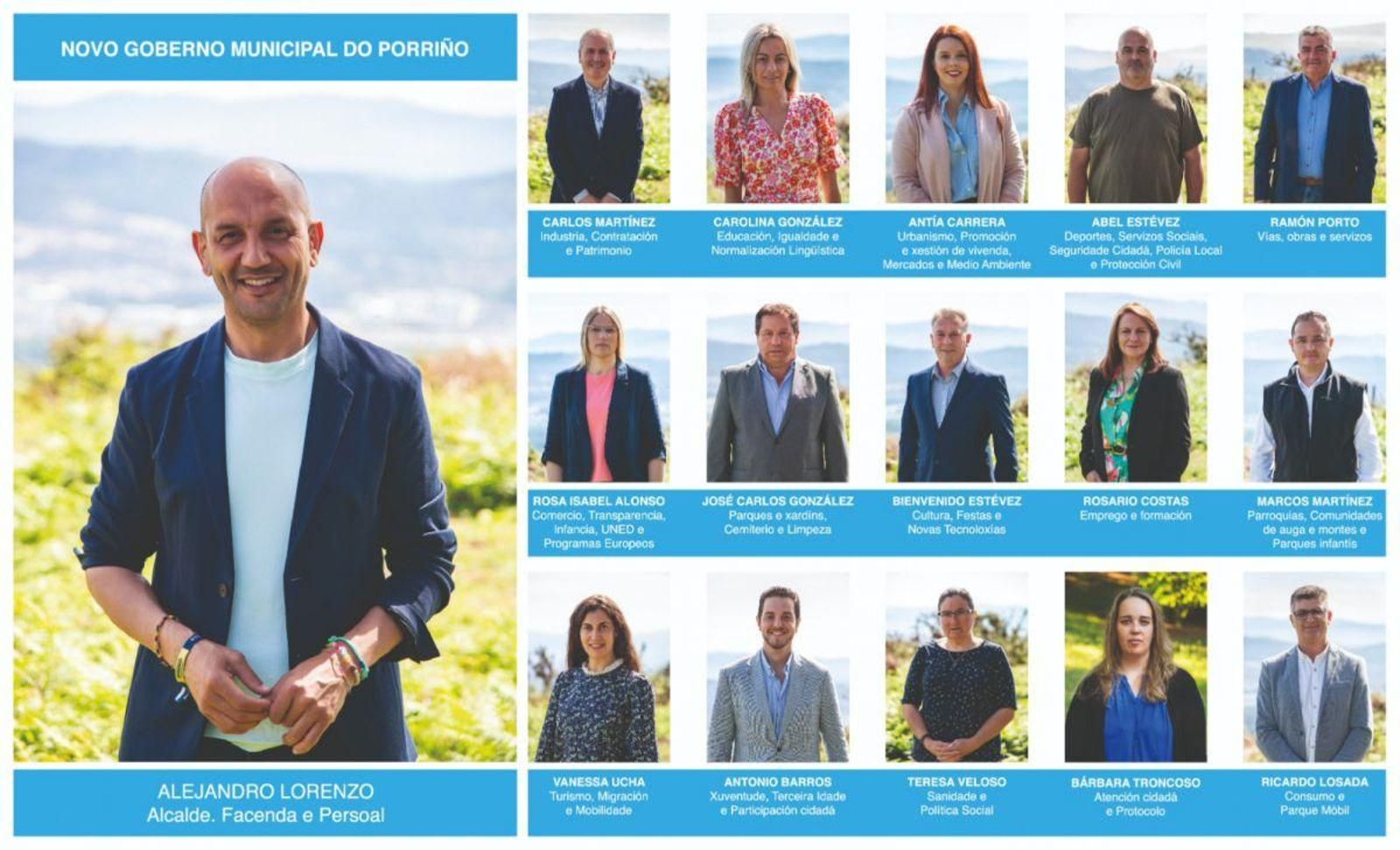 El equipo de gobierno de O Porriño al completo, con el alcalde y los 15 concejales populares.