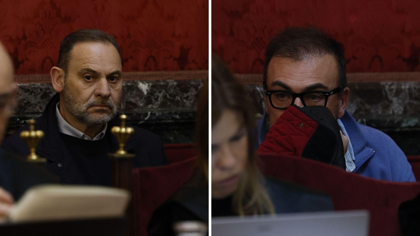 José Luis Ábalos con rostro serio y Koldo García tapándose la cara en el primer juicio por el caso de las mascarillas en el Tribunal Supremo.