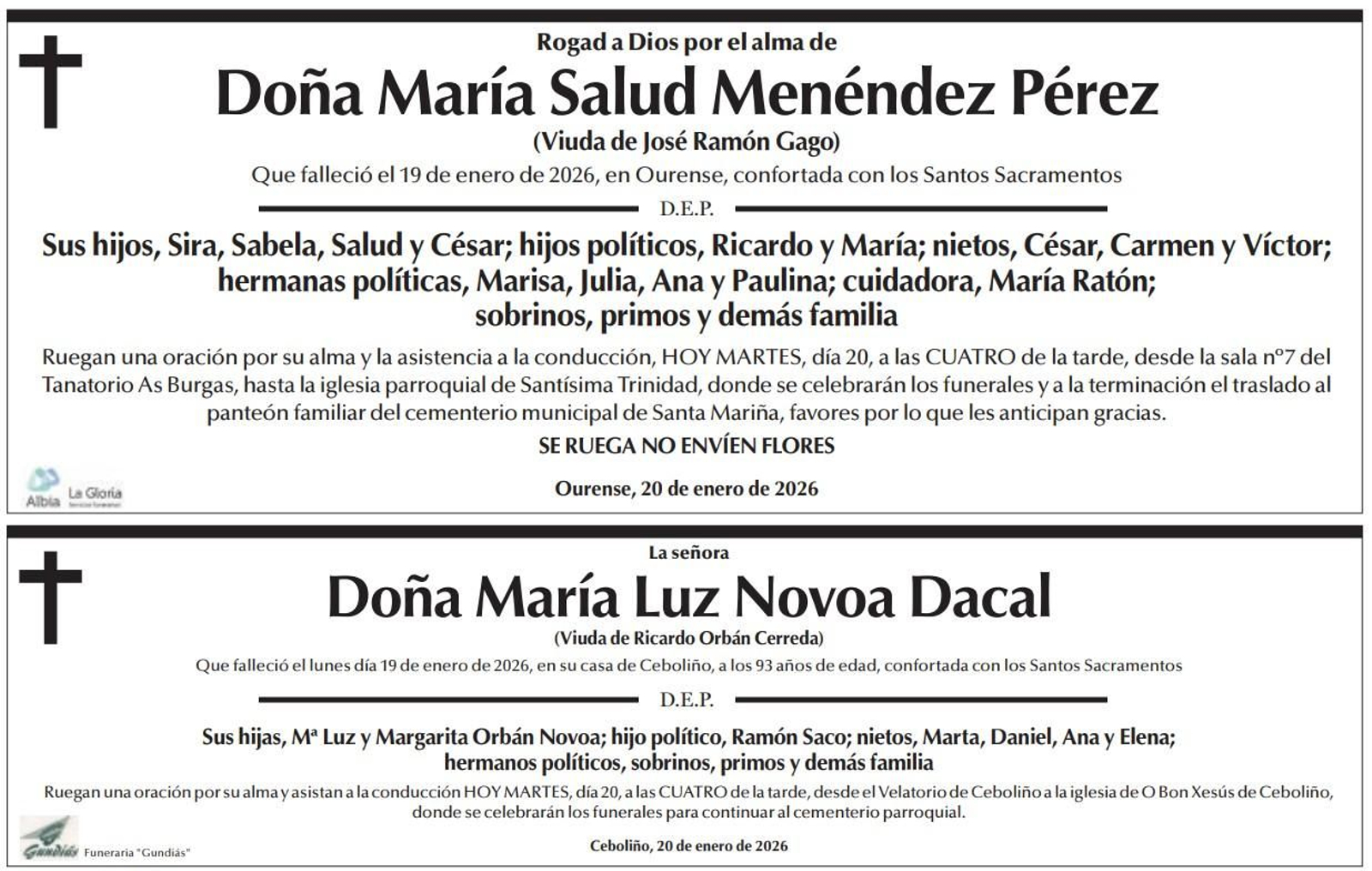 Las esquelas de hoy, martes 20 de enro.