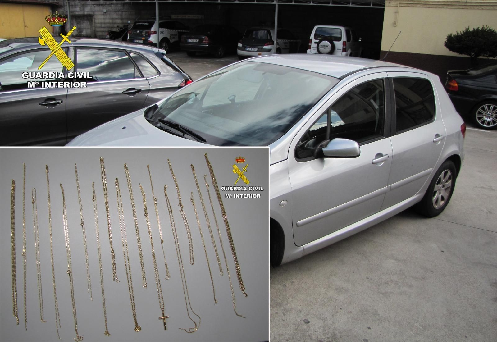 El vehículo del detenido y las joyas recuperadas por la Guardia Civil. / GC