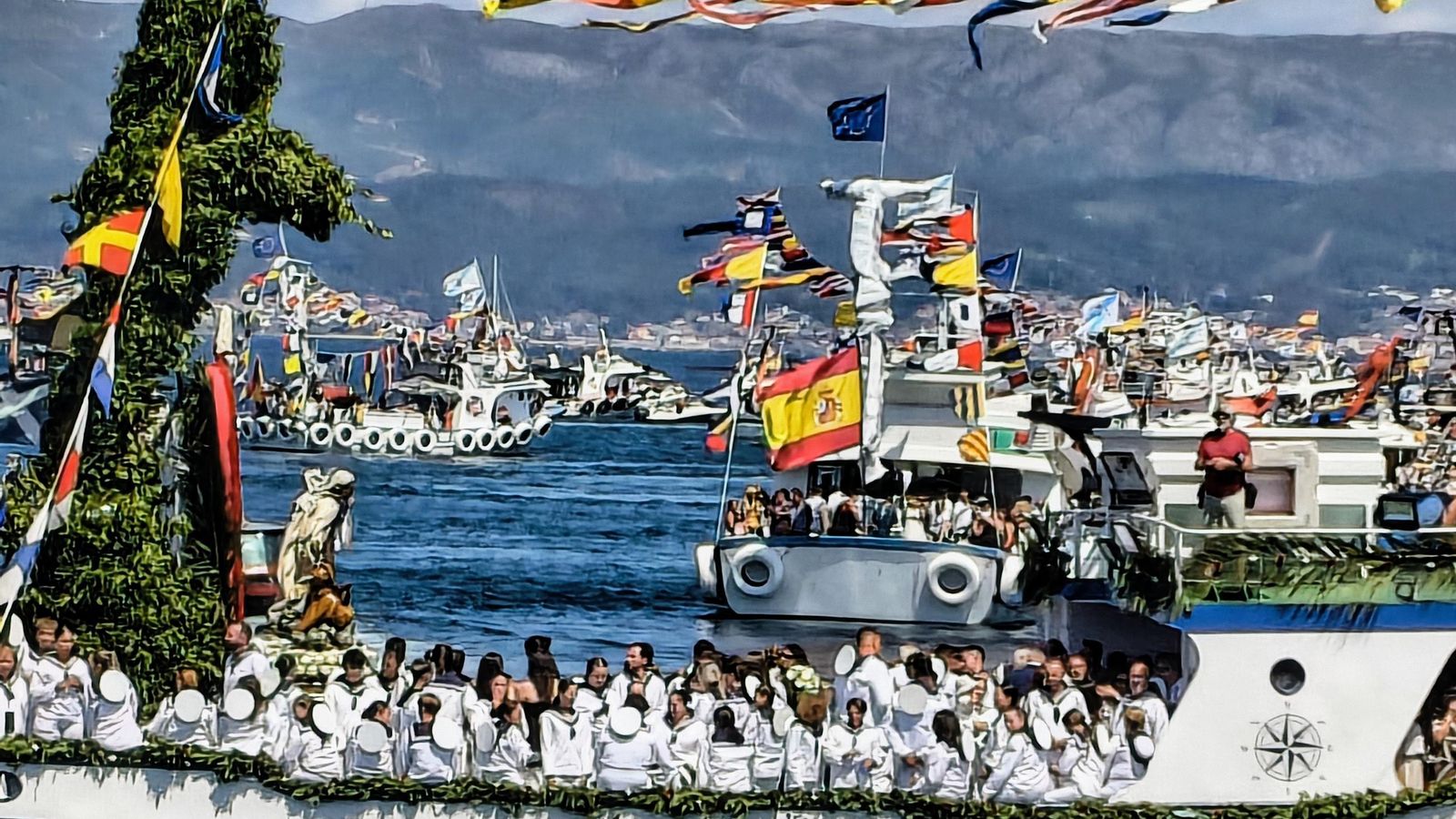 La imagen al bordo del barco bateeiro ‘Cobecho tres’ durante la procesión marítima.