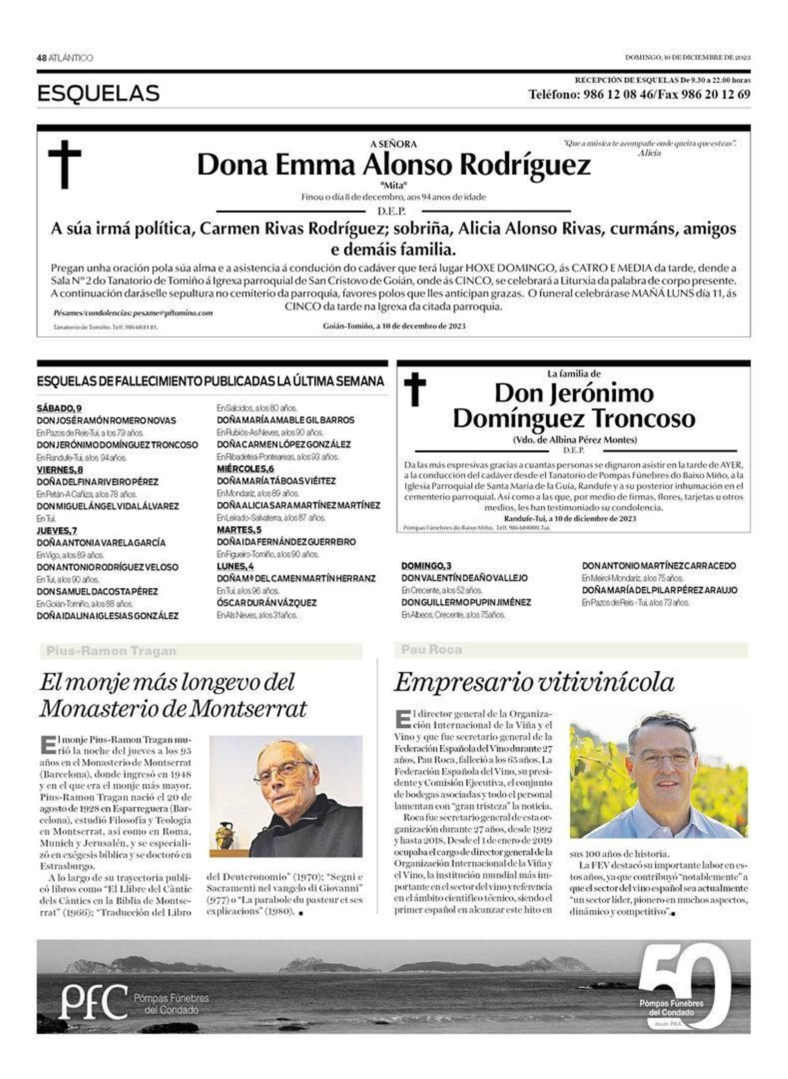 Las esquelas del 10 de diciembre.