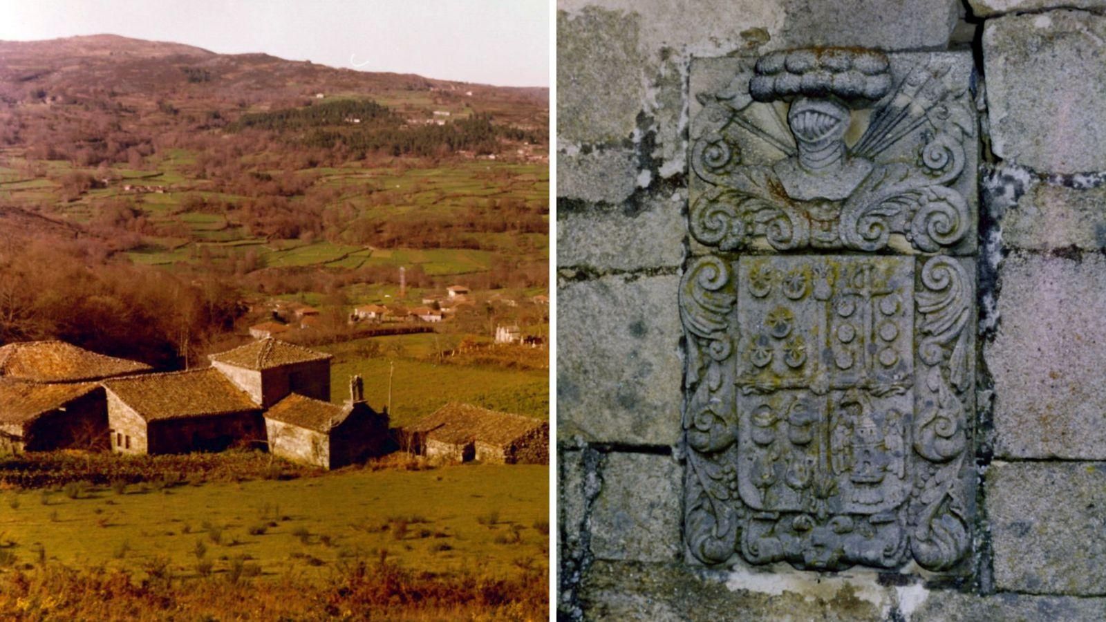 Vista do pazo e escudo cos brasóns dos Feijóo, Puga e a cruz dos Sotelo.