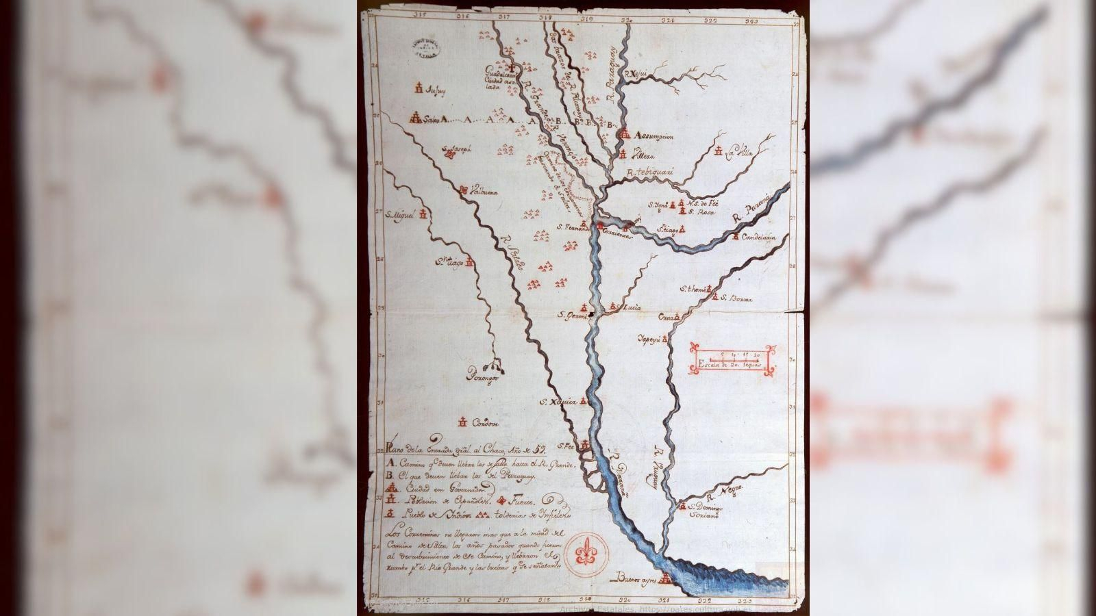 Mapa do río da Prata e explicación da expedición de 1759 contra os indíxenas.