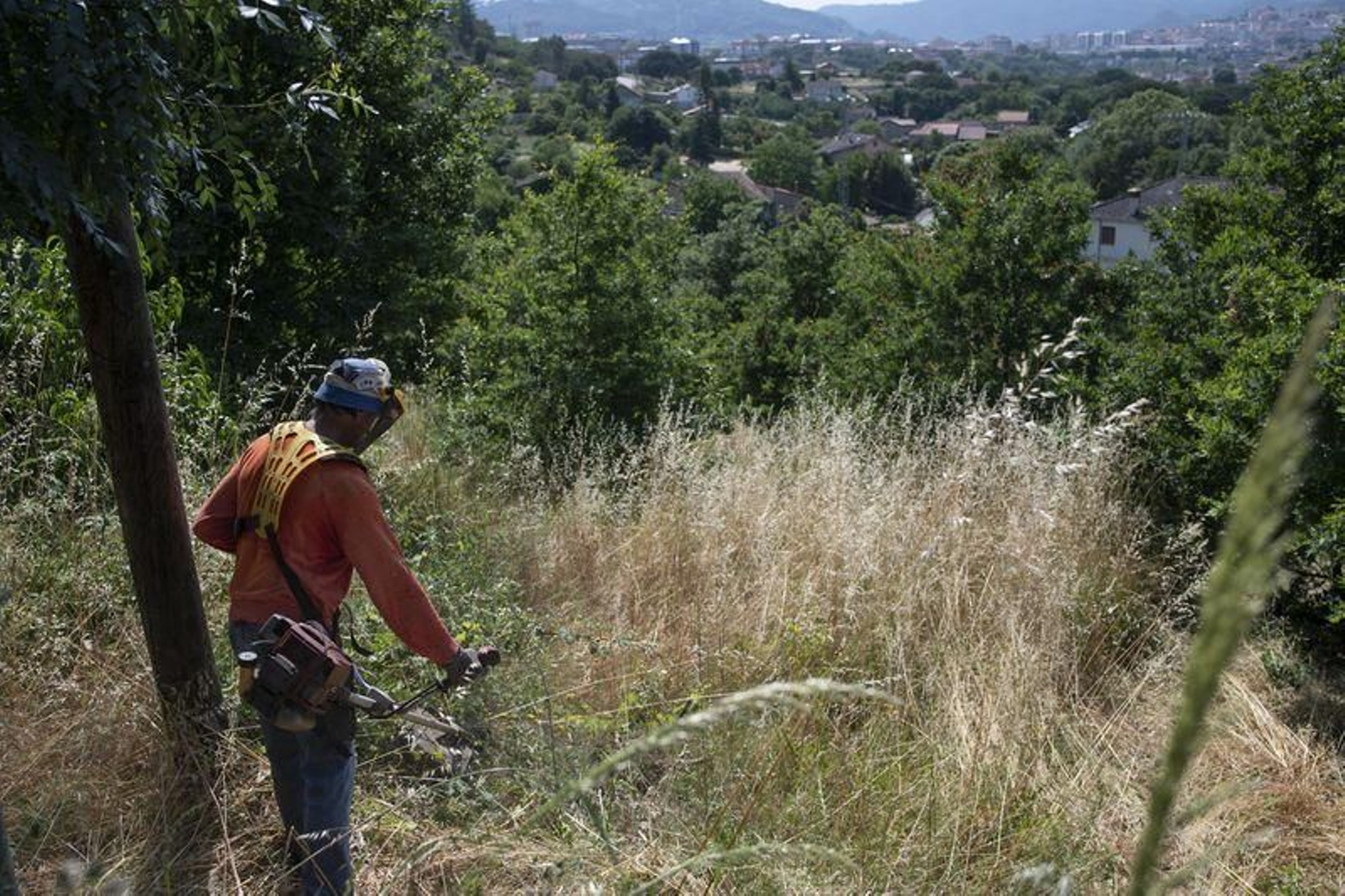 Un operario limpia fincas en la franja de los 50 metros alrededor de las casas. (Foto: Xesús Fariñas).