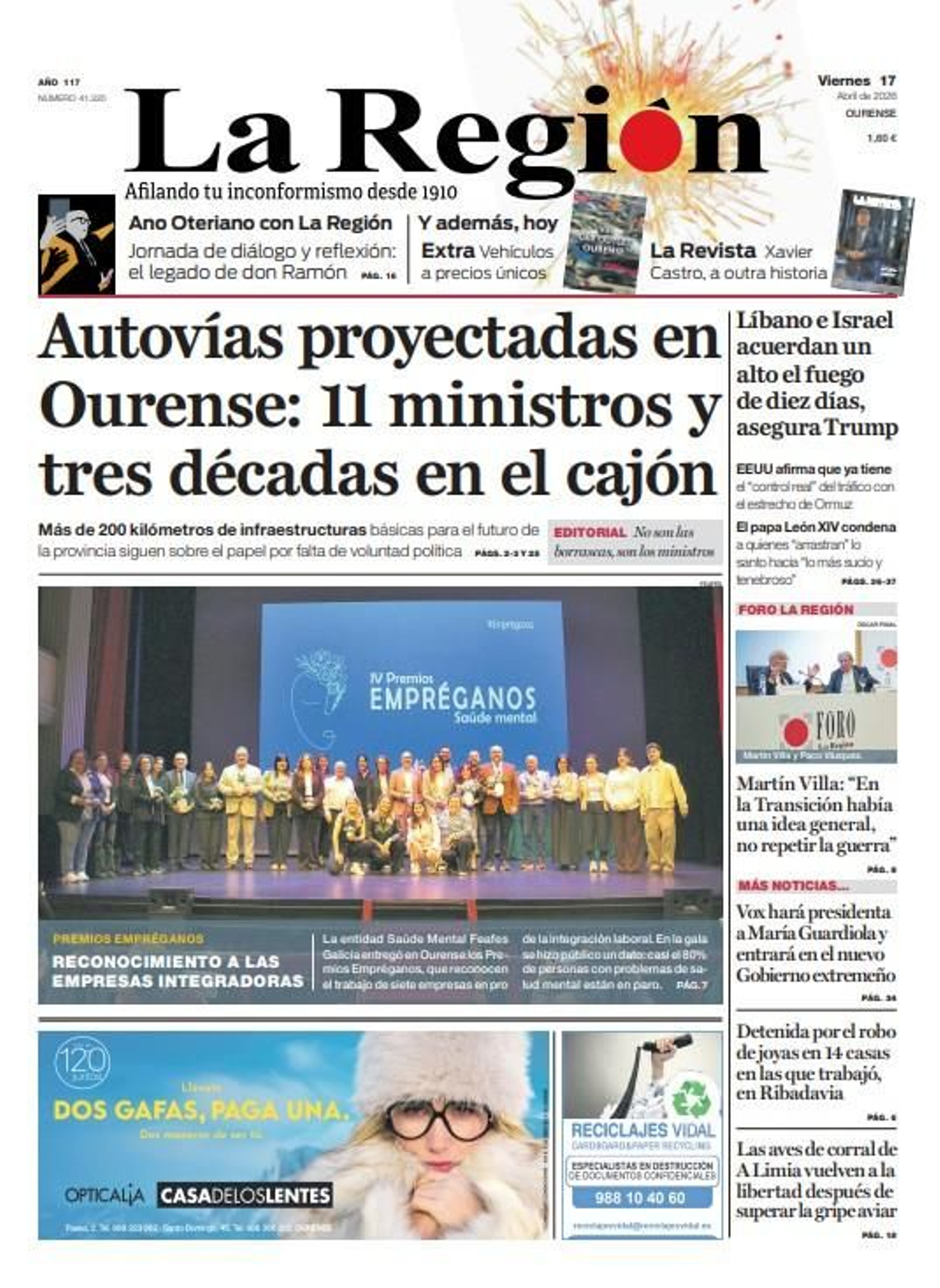 Los titulares de La Región de este viernes, 17 de abril