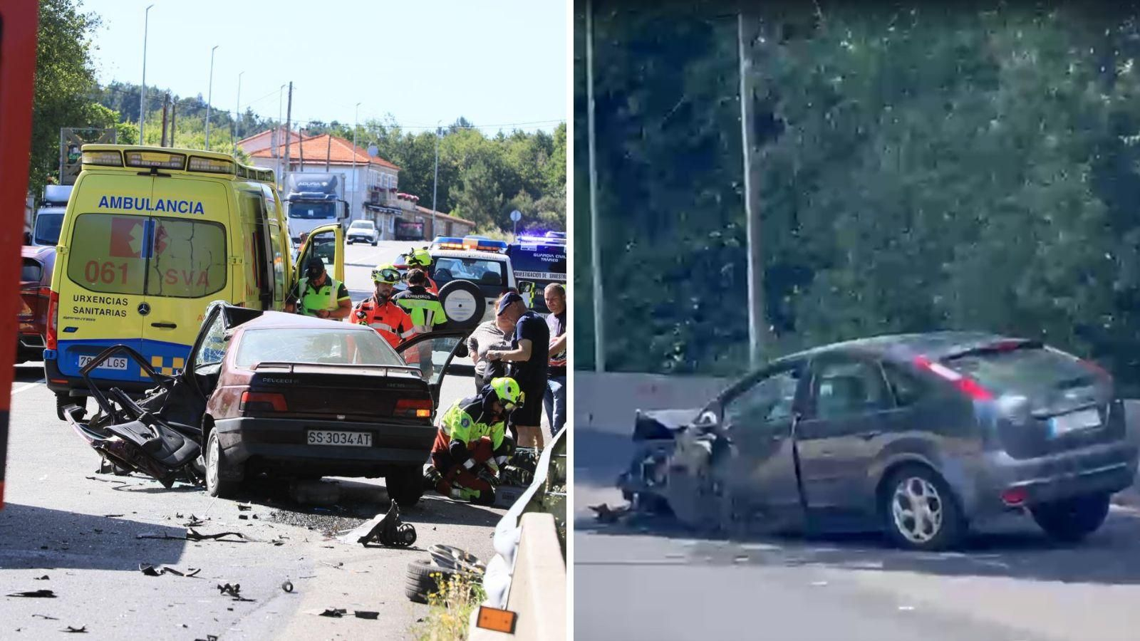 Varios heridos y un atrapado en un fuerte impacto entre dos coches en Cambeo, Coles