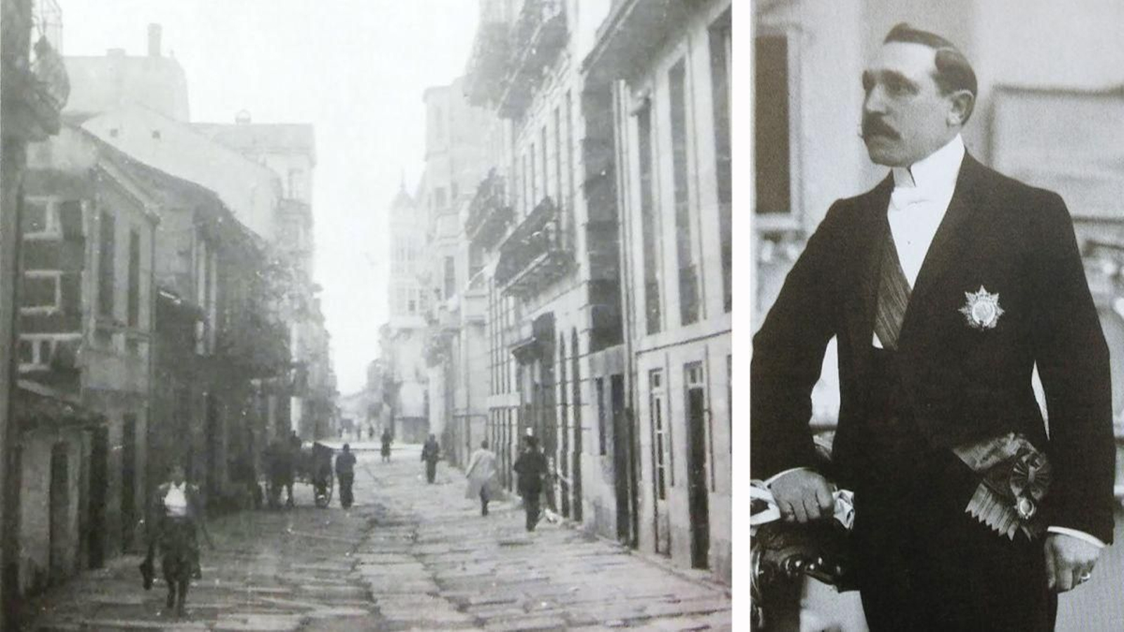 Perfectino Vieitez posando coa medalla do mérito agrícola e unha imaxe da rúa que leva o seu nome no Carballiño (1960).