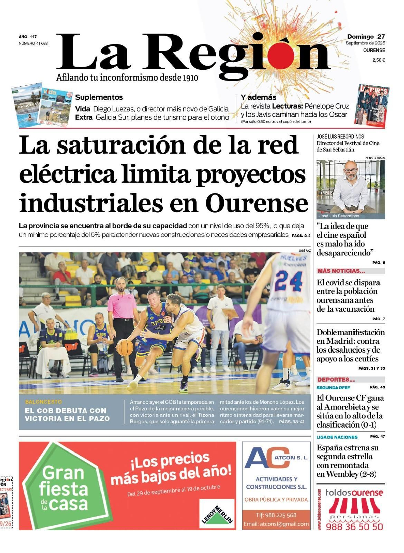 La portada de La Región de este domingo, 27 de septiembre.