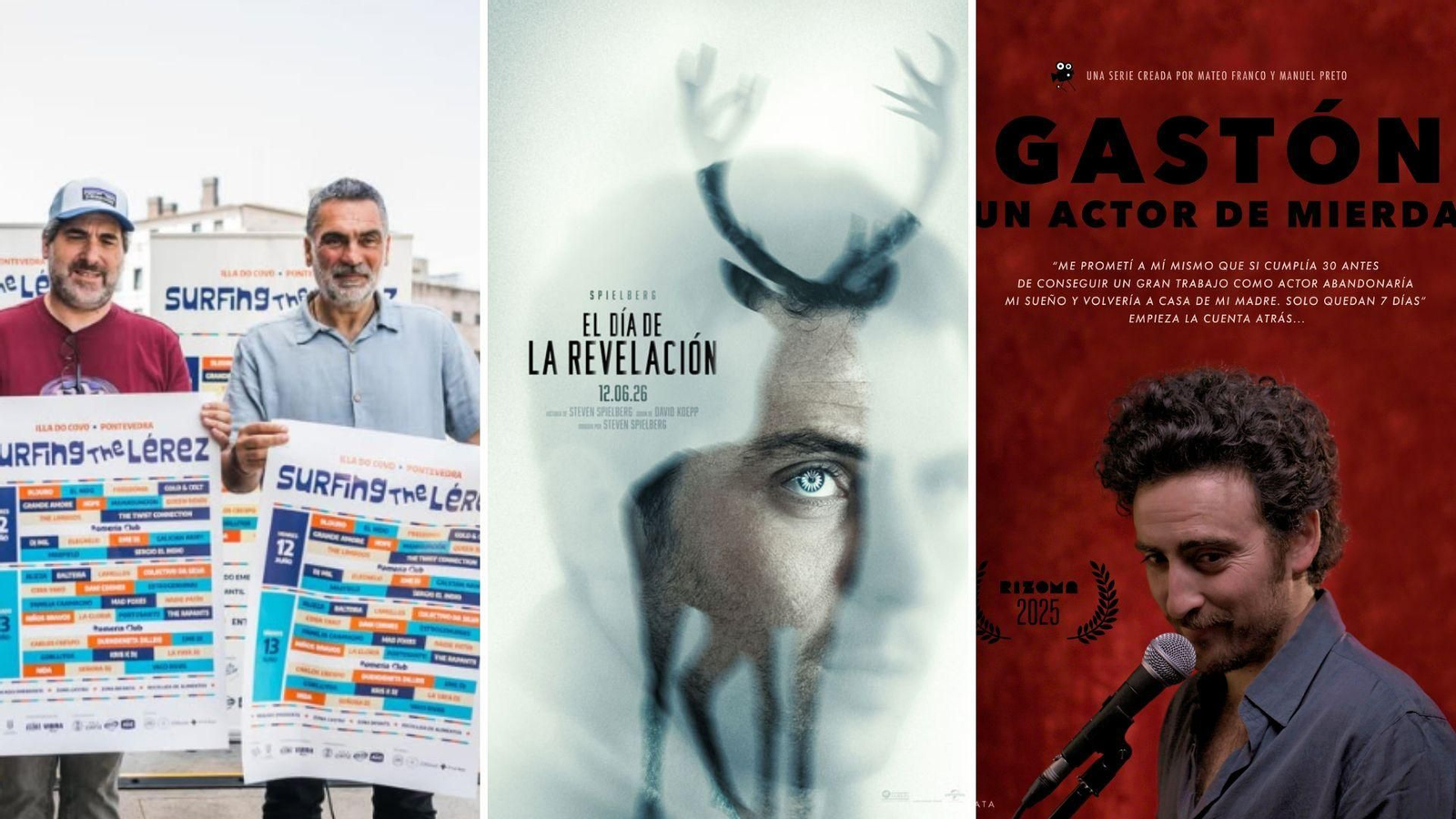 Presentación del Surfing The Lérez y carteles de la película 'El día de la revelación' y la serie 'Gastón, un actor de mierda'.