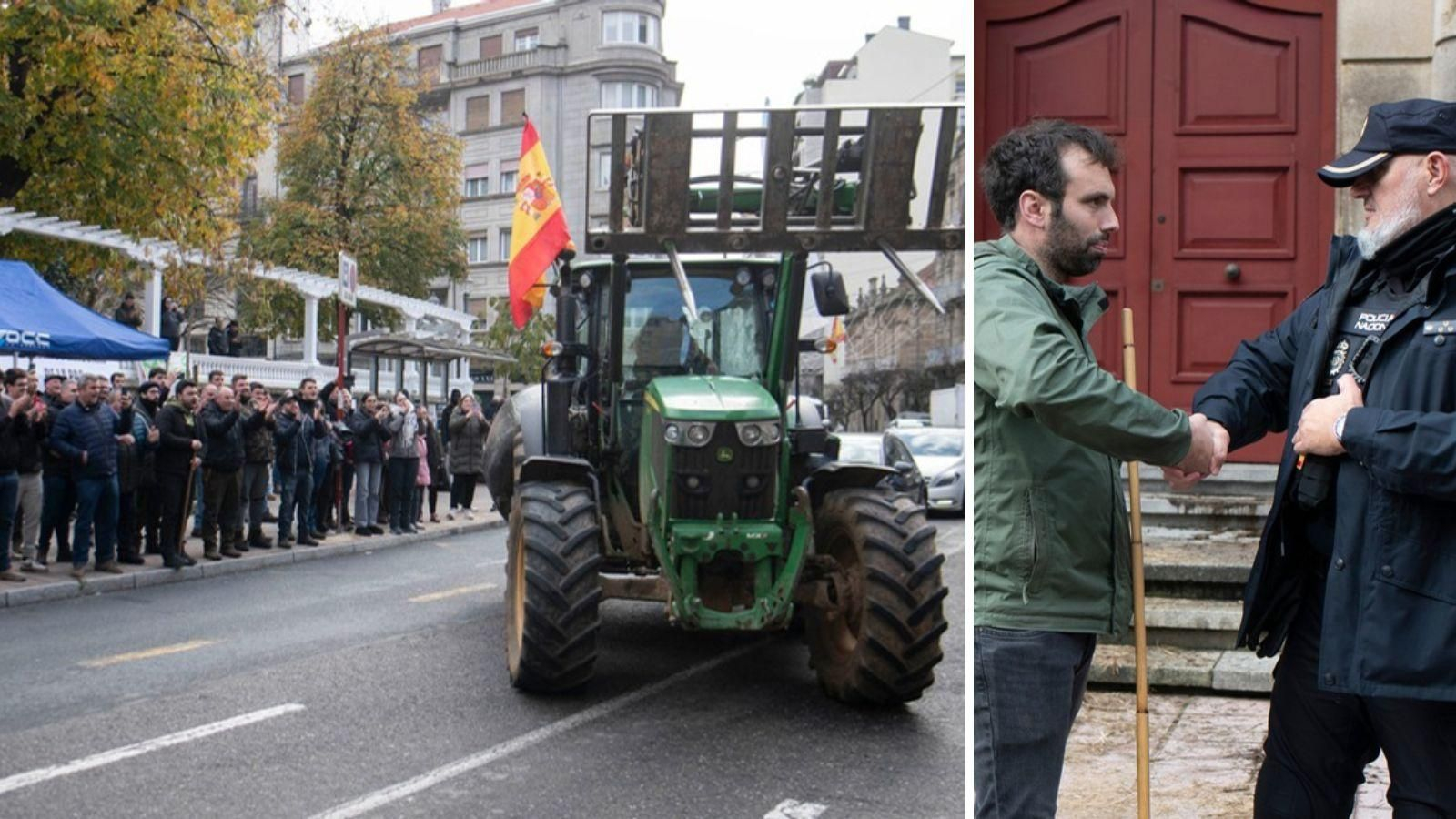 Momento del desbloqueo del tractor en la Subdelegación del Gobierno de Ourense