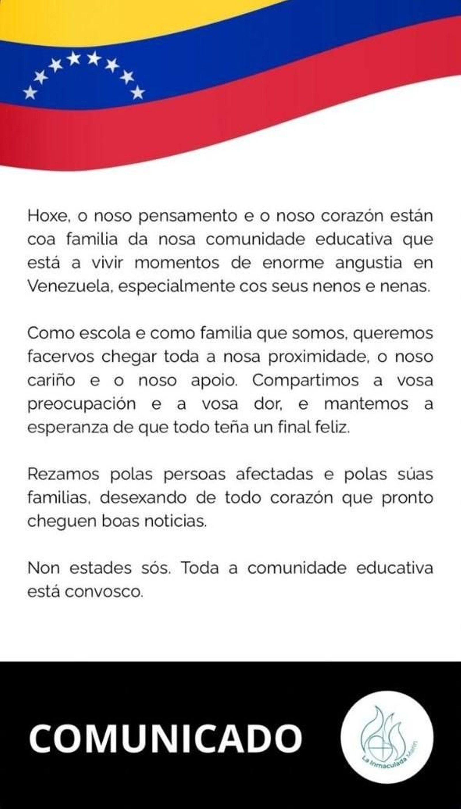 Comunicado del Colegio La Inmaculada, donde están escolarizados los niños de la familia desaparecida.