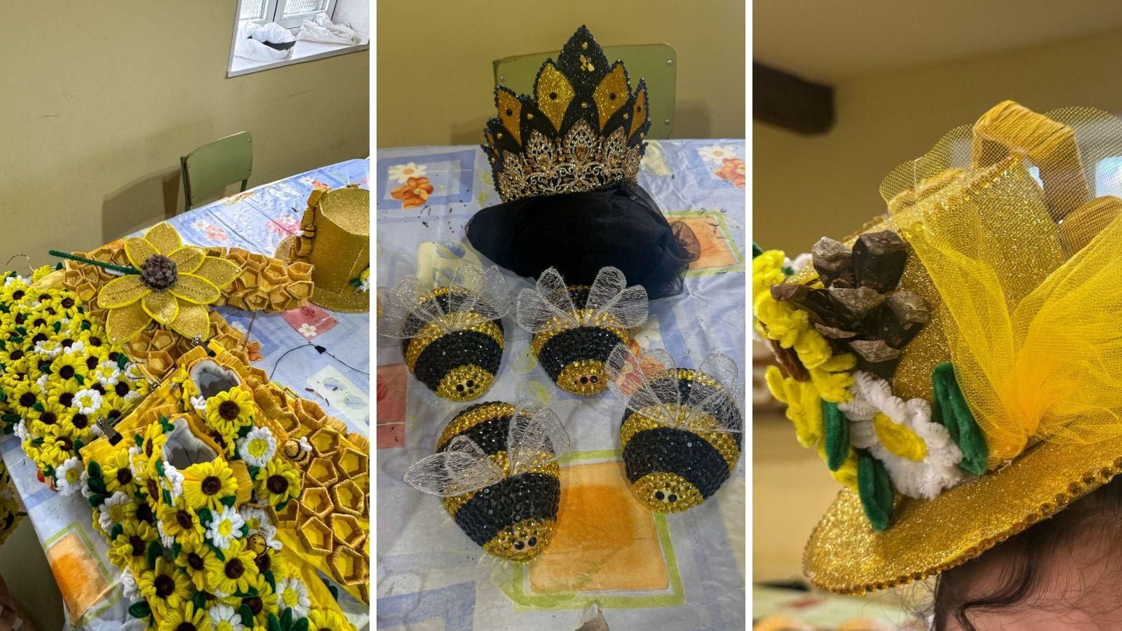 Traje mitad flor mitad panal, para los más pequeños; accesorios de la Abeja Reina y el prototipo de sombrero.