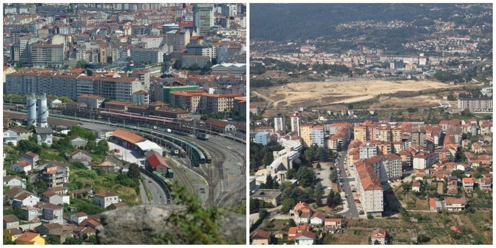 Panorámica aérea de A Ponte, con la zona de la estación del ferrocarril y Mariñamansa, en primer plano, y A Farixa, al fondo, con solares con poco futuro.