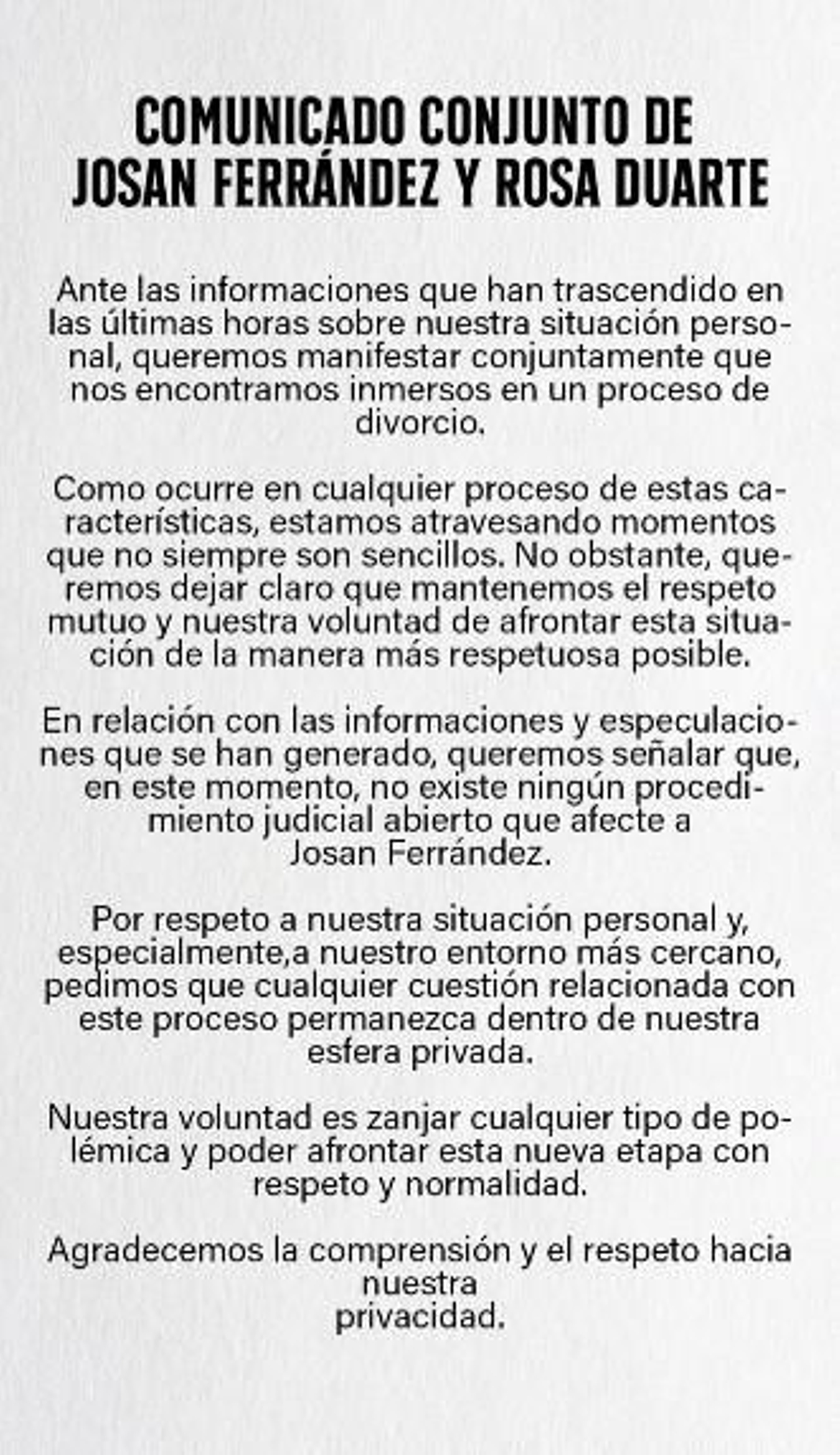 El comunicado difundido por Josan Ferrández en sus redes sociales.
