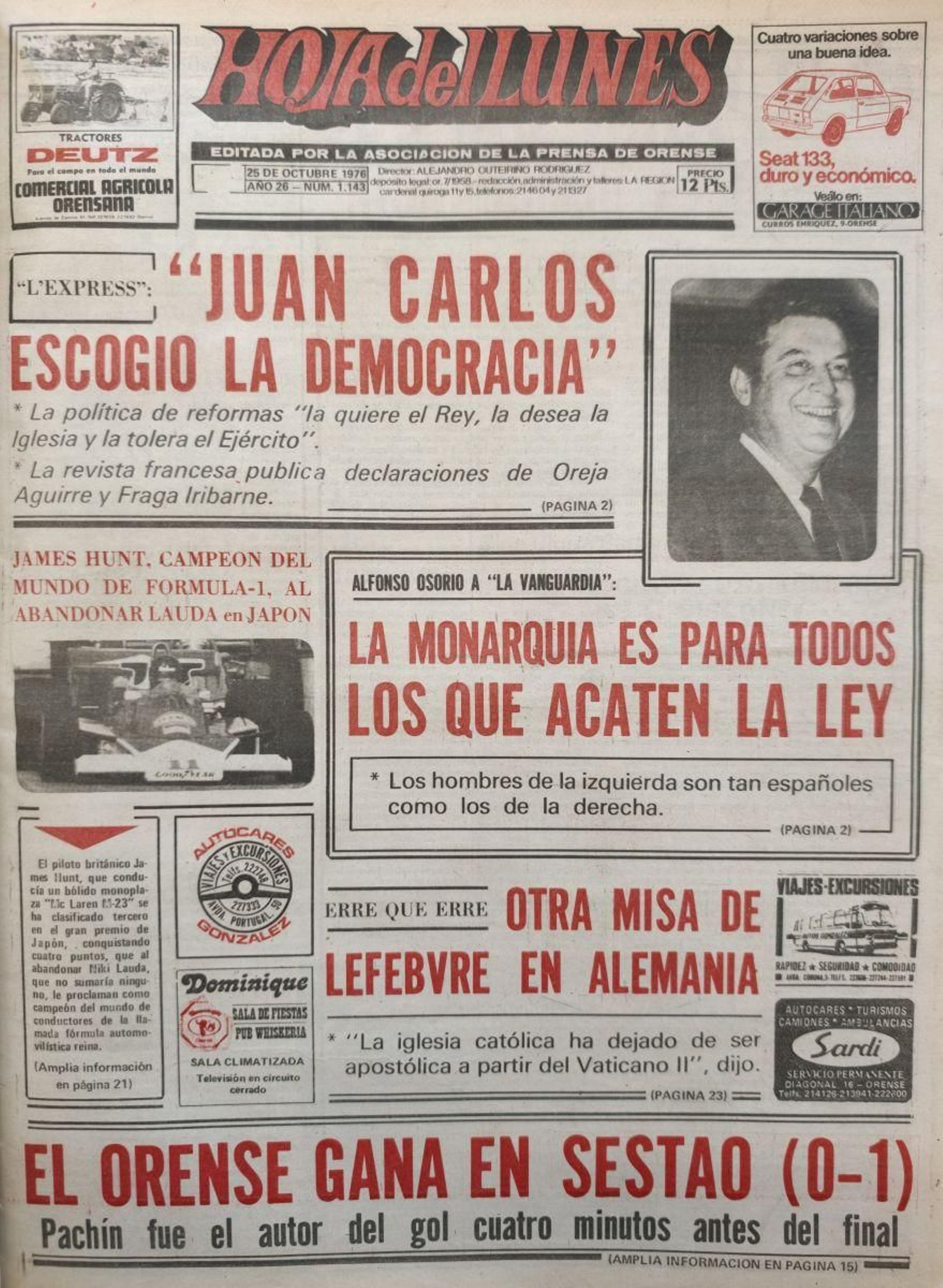 Primera página de La Región del 25 de octubre de 1976
