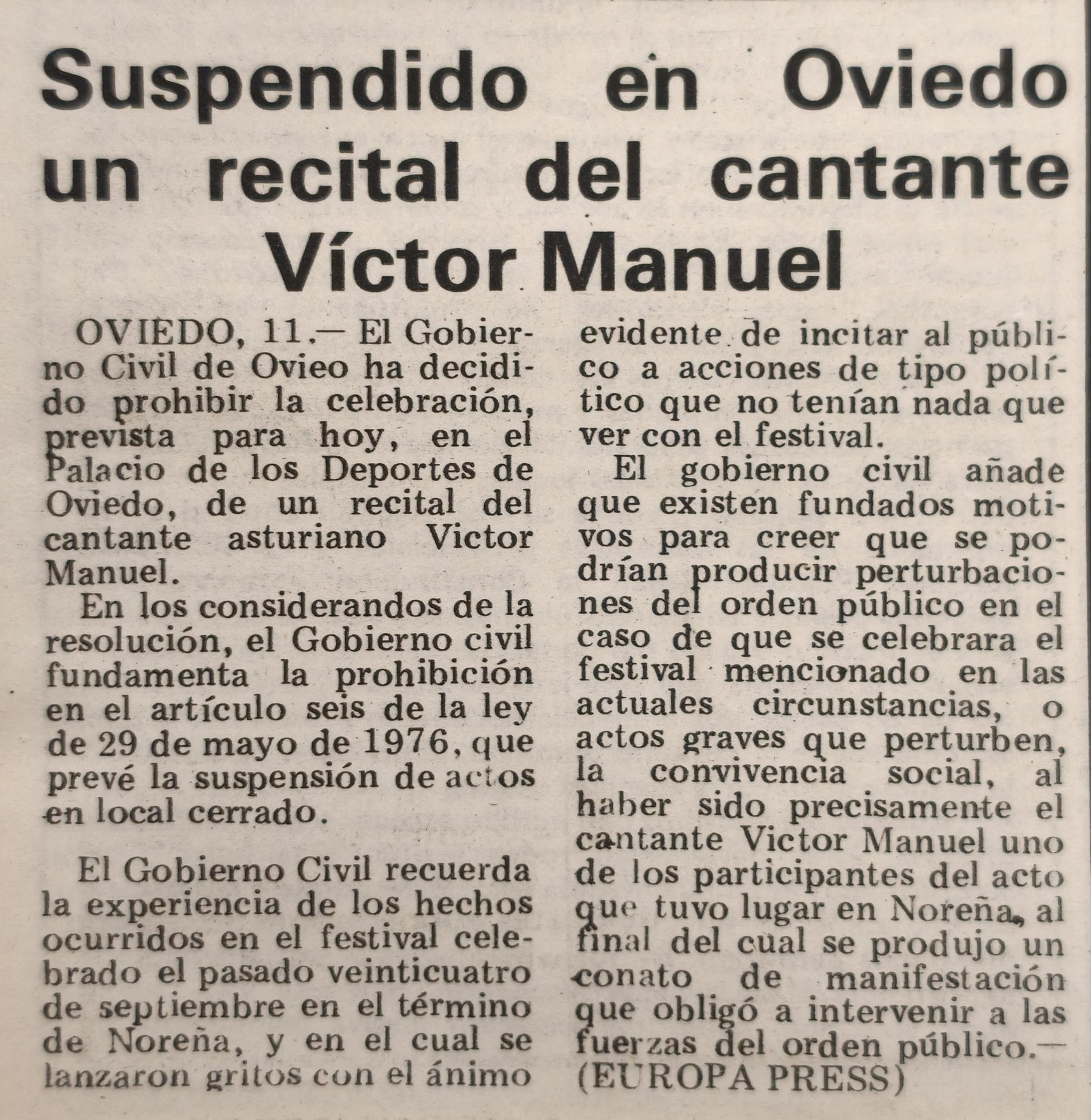 Prohibido un concierto de Víctor Manuel en Oviedo