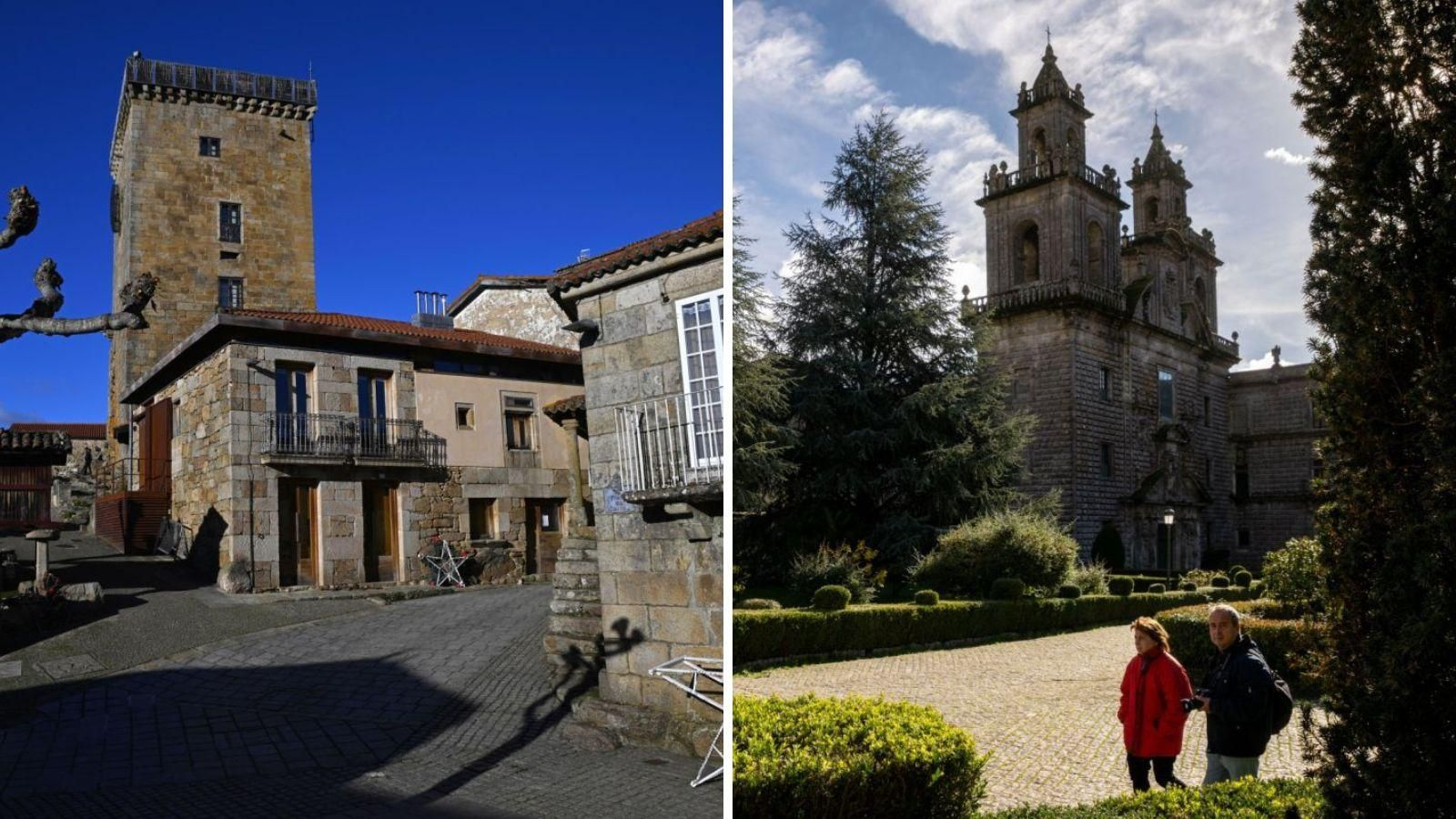 Vilanova dos Infantes con su Torre del Homenaje presidiendo el skyline (i) y visitantes en el pueblo de Oseira, con el monasterio al fondo (d)