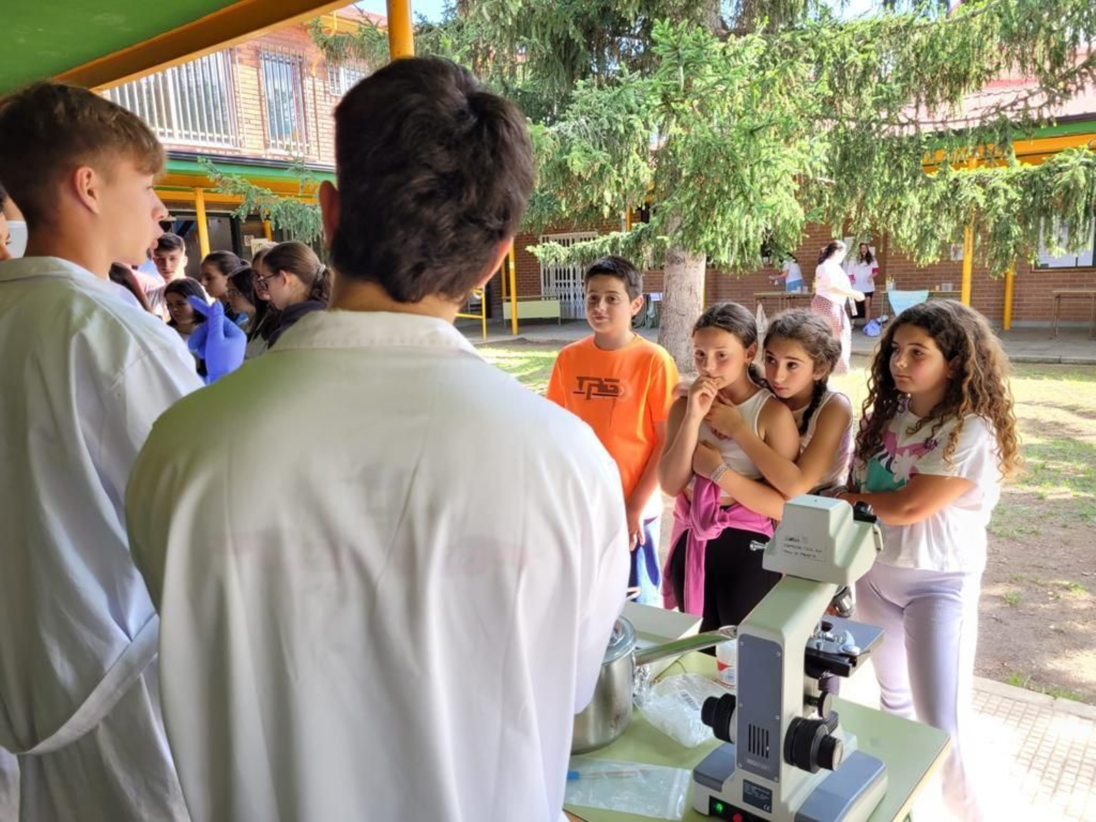 Alumnos del Instituto Carlos Casares de Viana do Bolo explican a compañeros más pequeños los experimentos