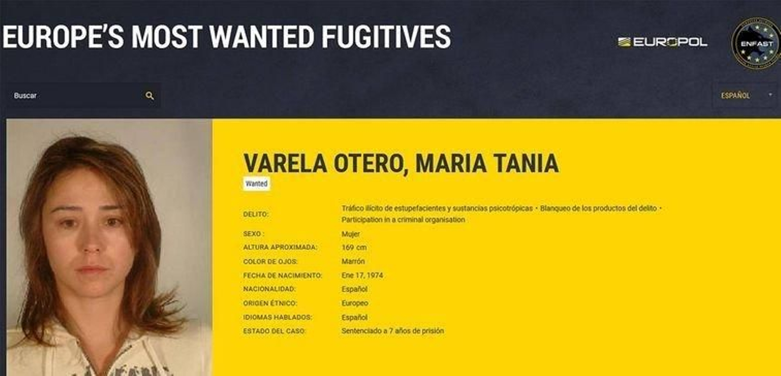 La información de la Europol sobre Tania Varela.