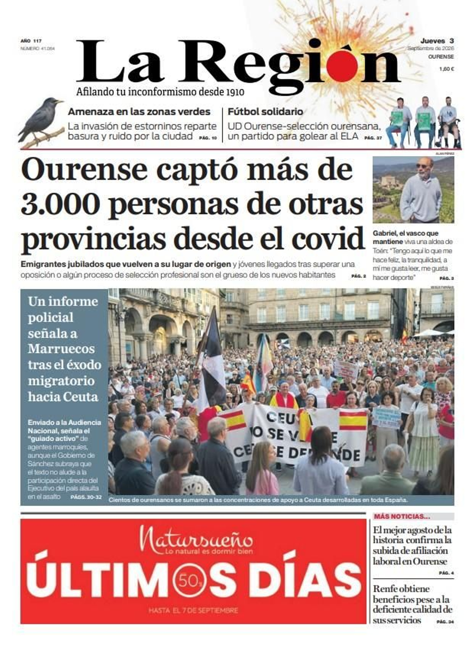 La portada de La Región de este jueves, 3 de septiembre.
