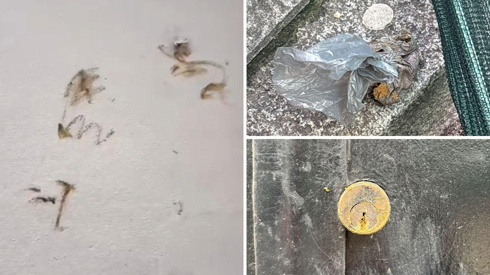 Imagen de las pintadas con excremento en las paredes y cerraduras.