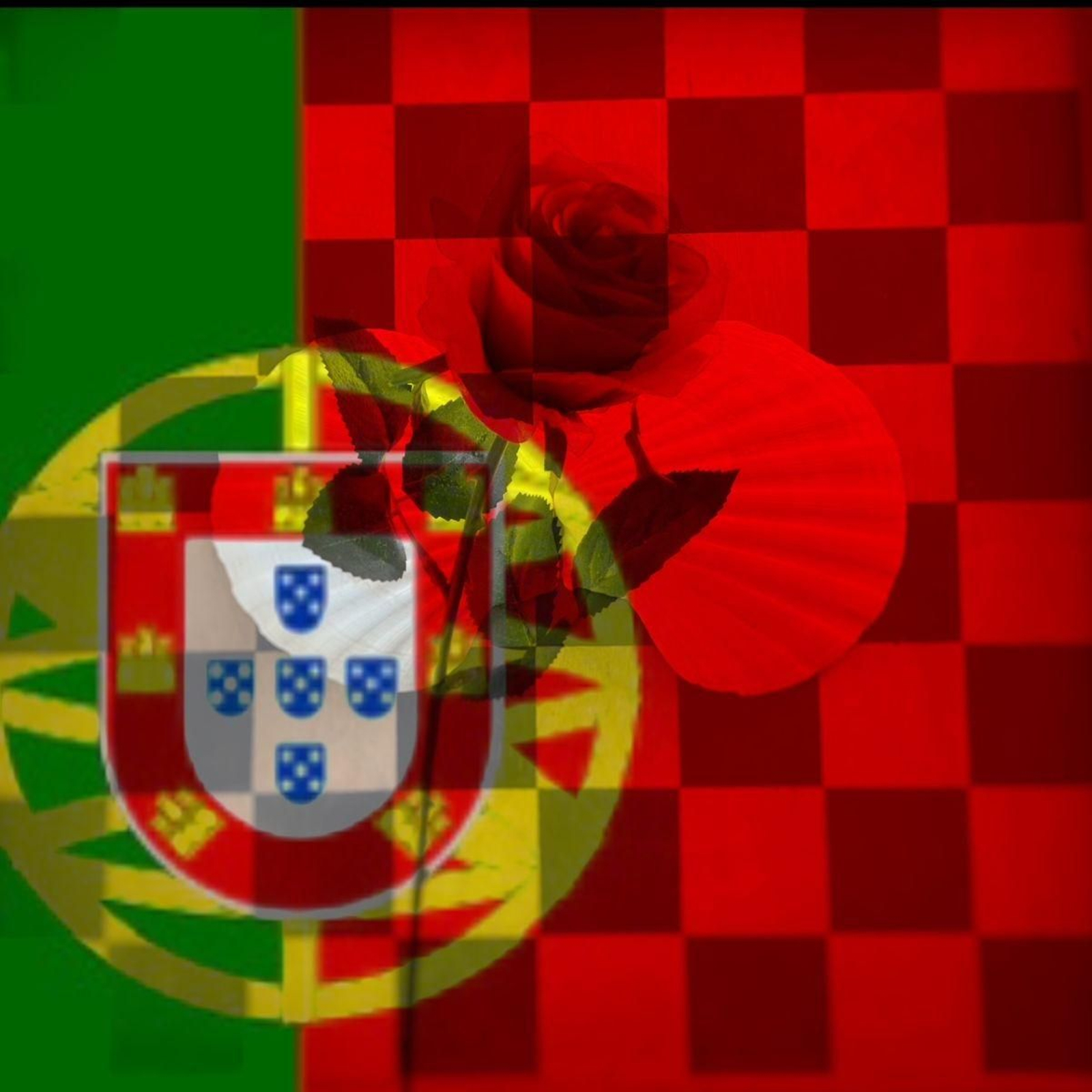 Ilustración de la bandera de Portugal con una rosa y un tablero de ajedrez.