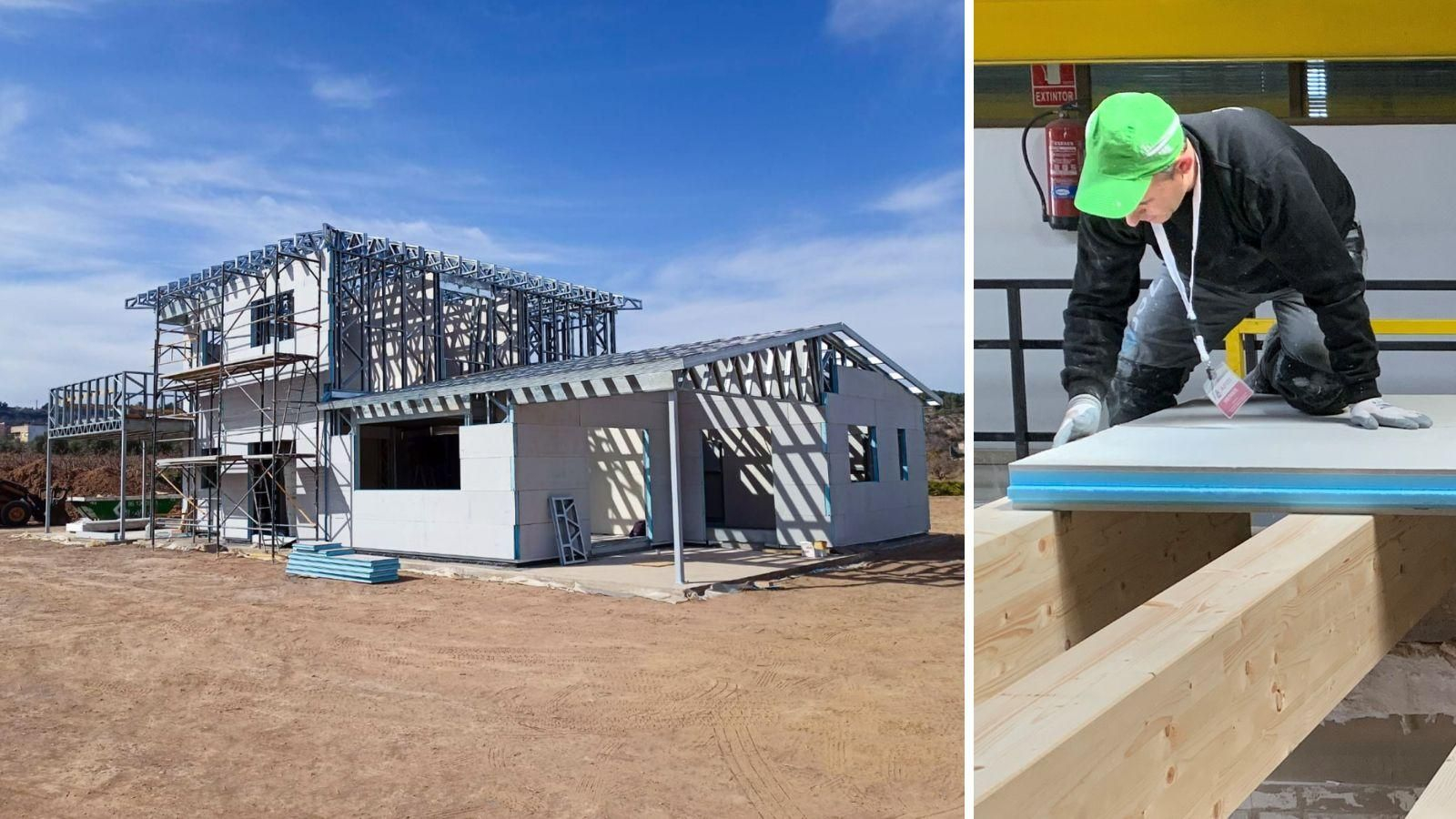 Vivienda industrializada con Thermochip. Instalación del panel en fábrica para una cubierta plana.