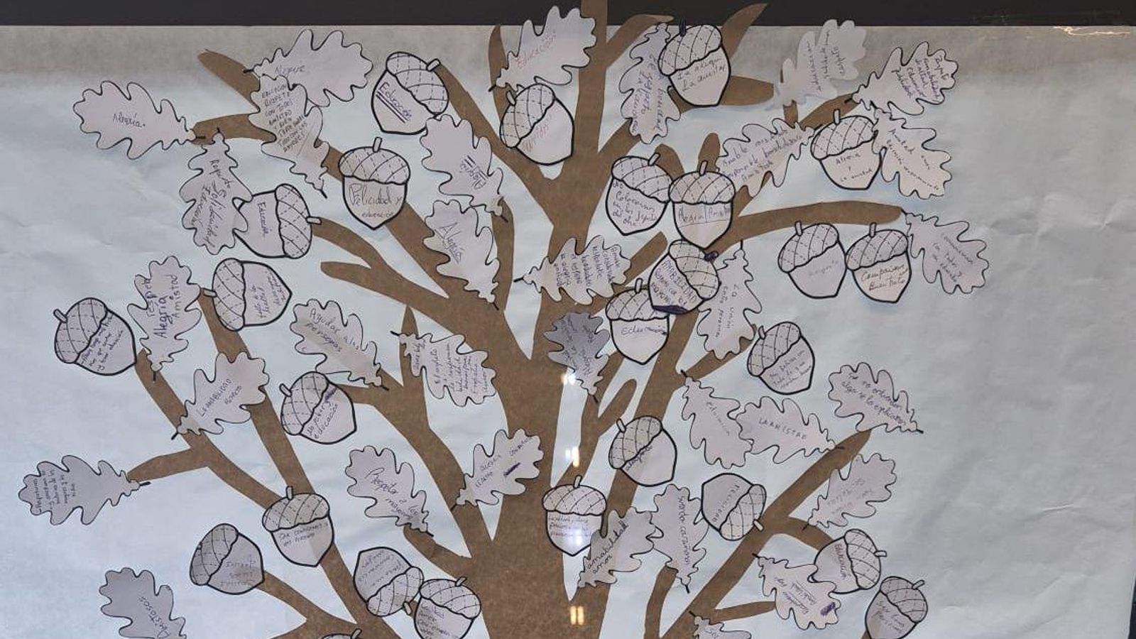 Las ramas del “árbol de los valores” llenas de bellotas y hojas con palabras.