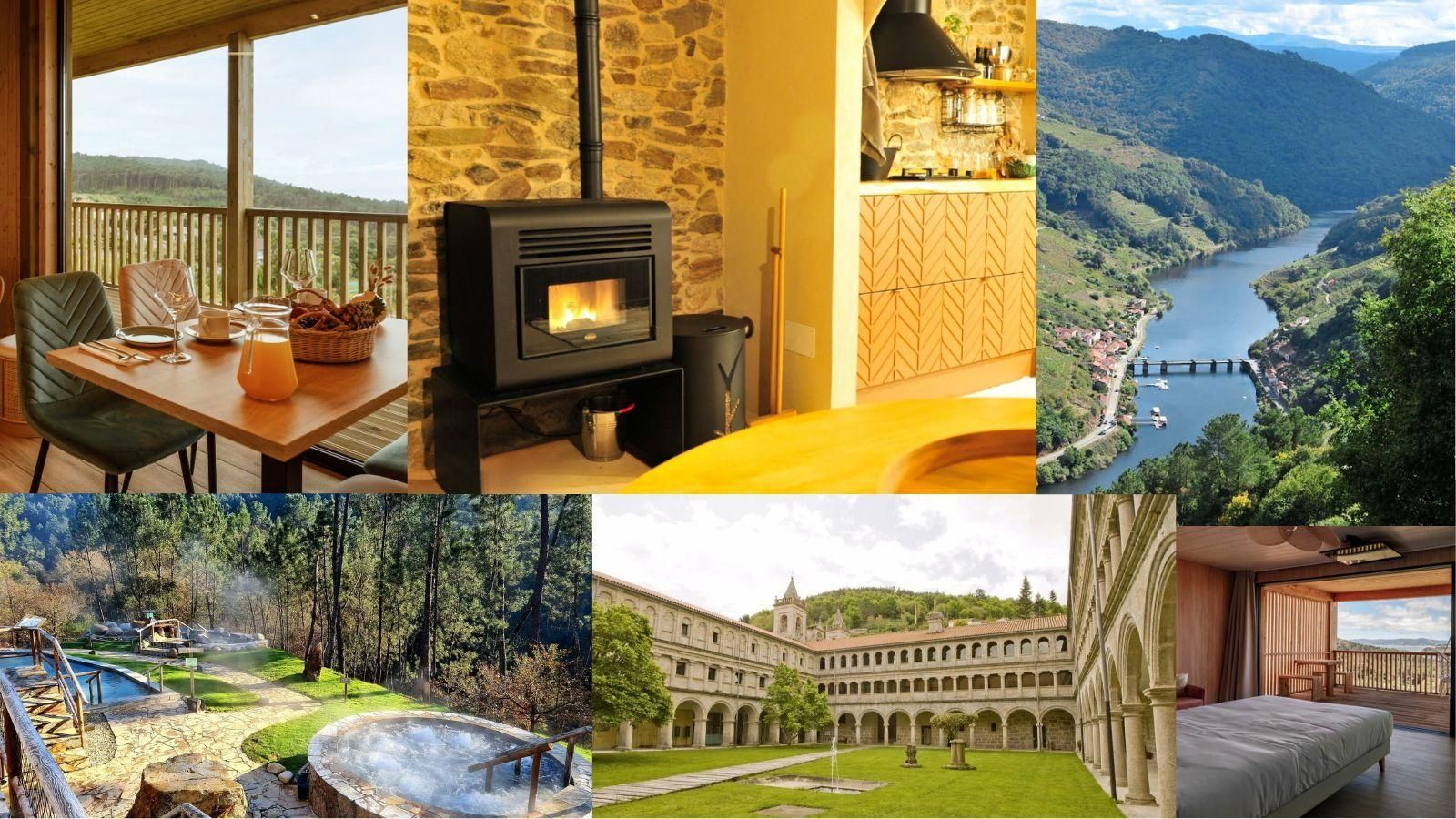 Collage de imágenes de "A Lagariña", "Termas de Prexigueiro", "Cabanas da Luz" y el "Monasterio de Ribas de Sil".