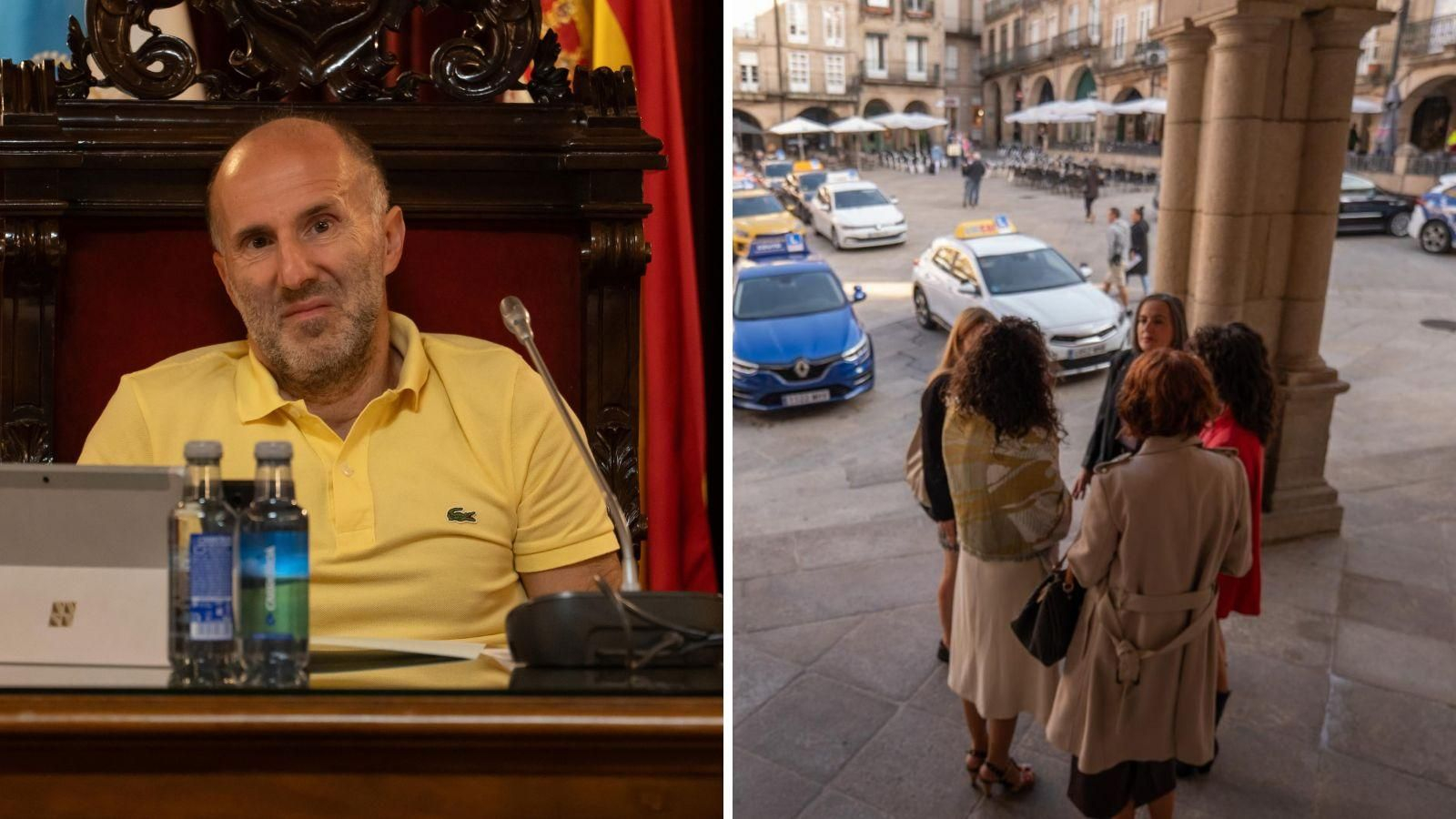 Jácome en el pleno y ediles del PSOE en la entrada al Concello