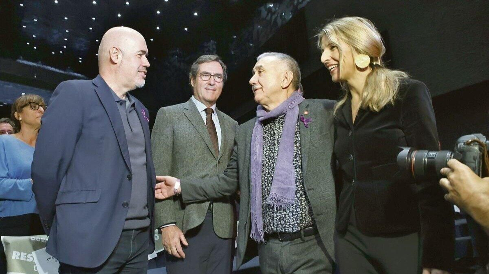 Unai Sordo, Antonio Garamendi, Pepe Álvarez y Yolanda Díaz, en el último congreso de UGT.