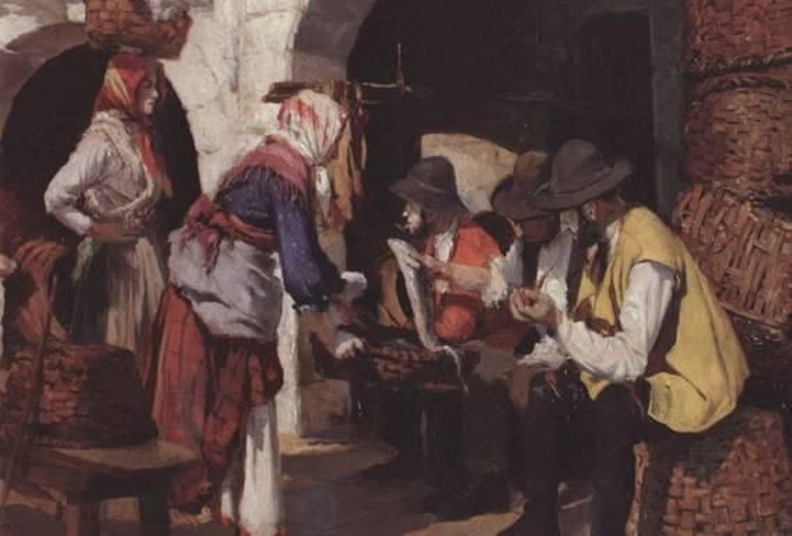 Estampa de comerciantes del Berbés, todos barbudos.