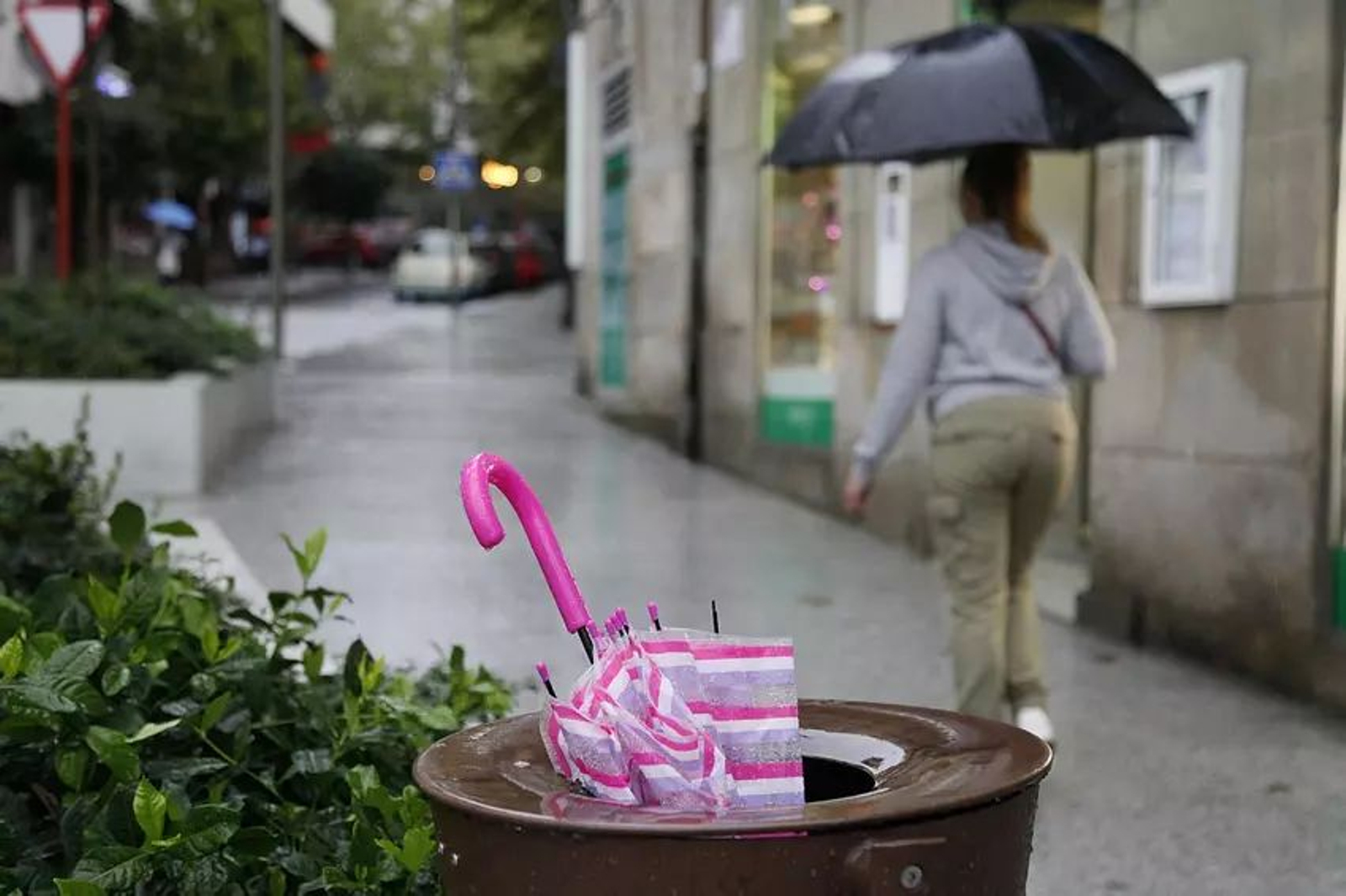 Un paraguas roto en una papelera de la ciudad.