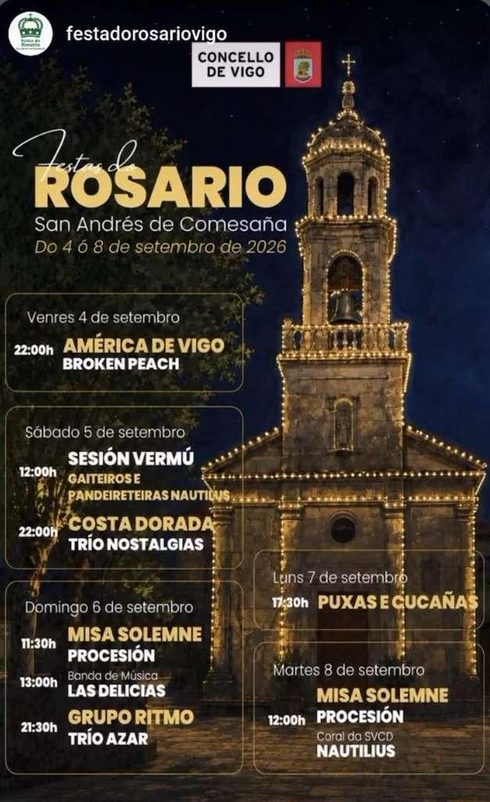Cartel de las fiestas del Rosario en San Andrés de Comesaña 2026.