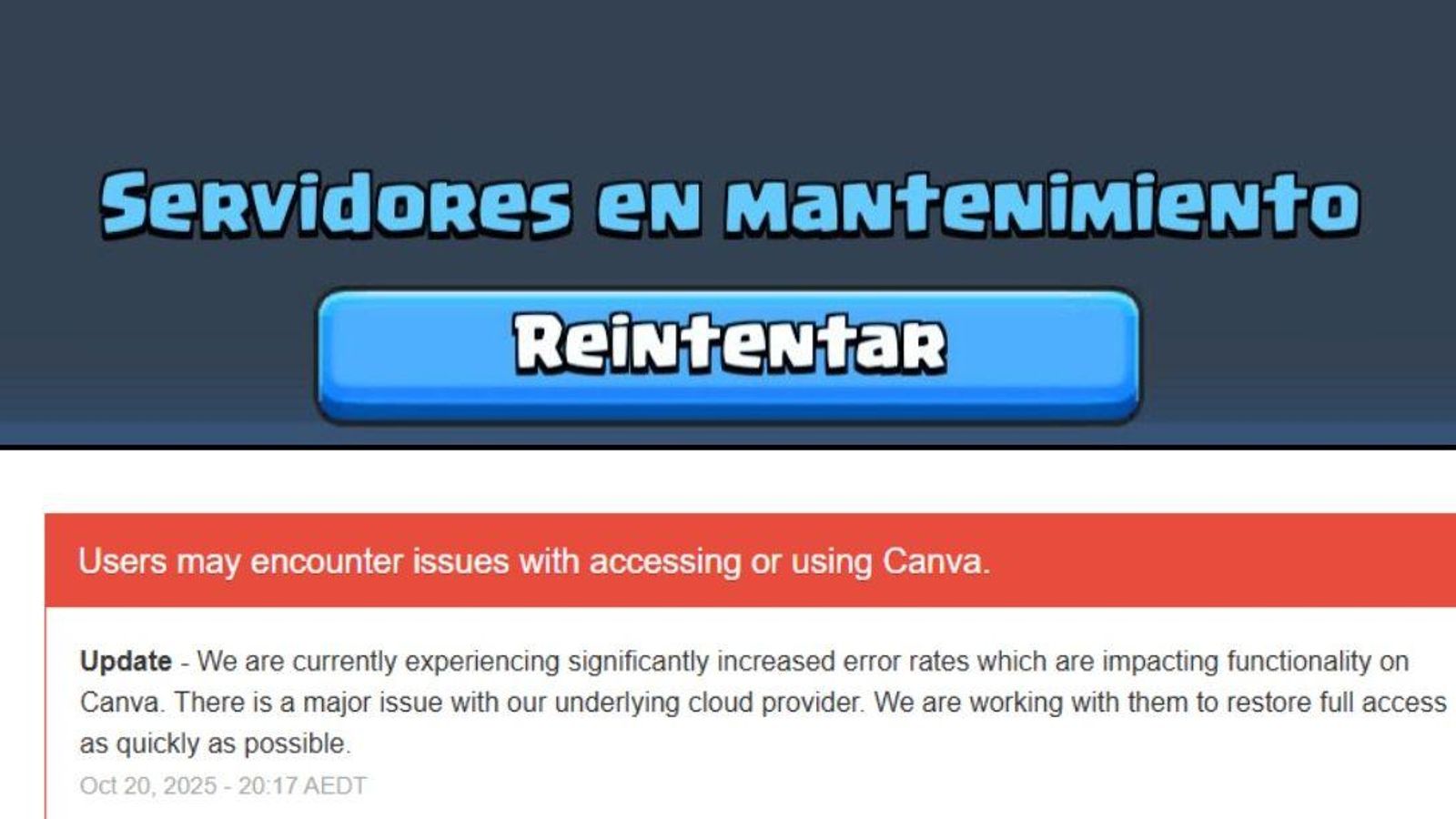 Algunos de los mensajes mostrados en las aplicaciones afectadas (Clash Royale y Canva)º