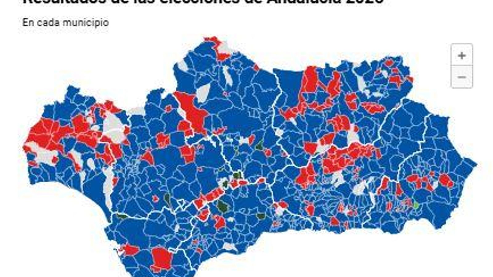 Mapa por municipios. Resultados en las elecciones andaluzas 2026.