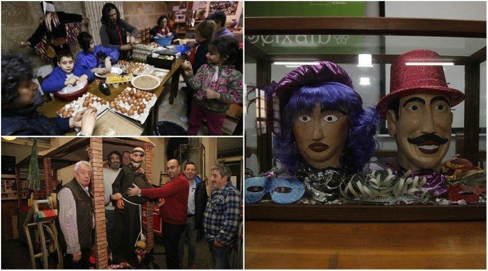 Preparación de los huevos del Entroido en Eiroás, recreación de Paquita y Nicanor y Leandro, Manuel, Antonio, Roberto, Eduardo y Carlos, de Frei Canedo