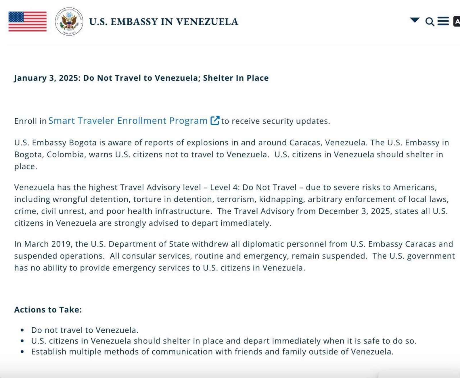 El mensaje de la embajada de EEUU en Venezuela