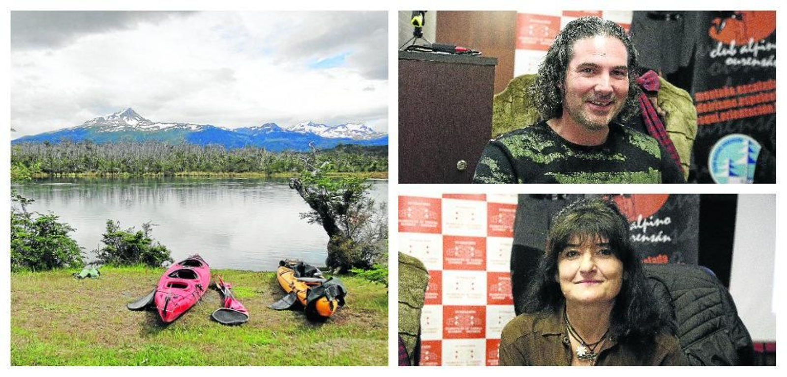 Una imagen de la exposición de Enrique Soto y Carmela Conde, dentro de la Semana Audiovisual del Club Alpino Ourensán, con los dos kayaks que utilizaron en su viaje por los ríos de Chile.