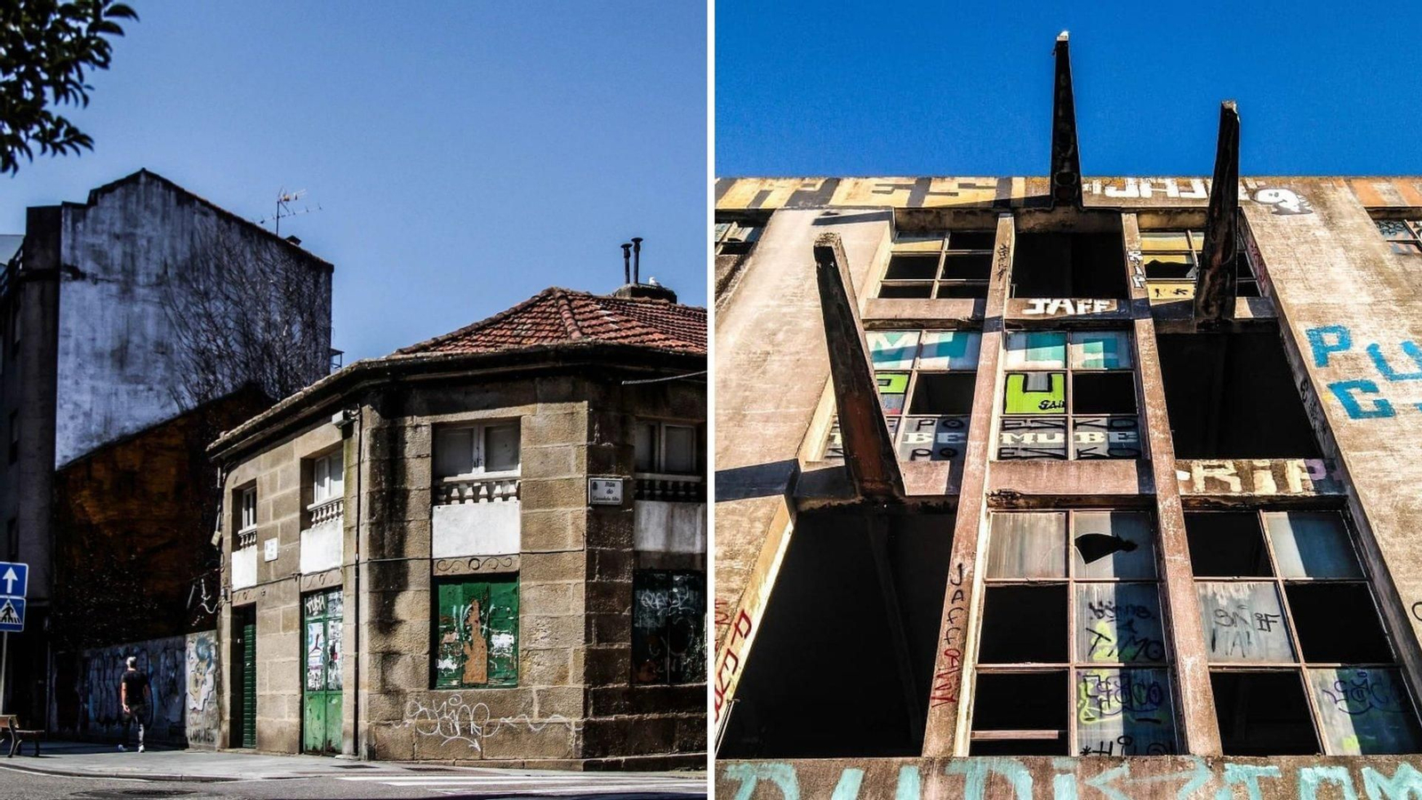 Un edificio abandonado en el número 27 de la calle Pino, y una de las fachadas del edificio de La Artística, en Tomás Alonso.