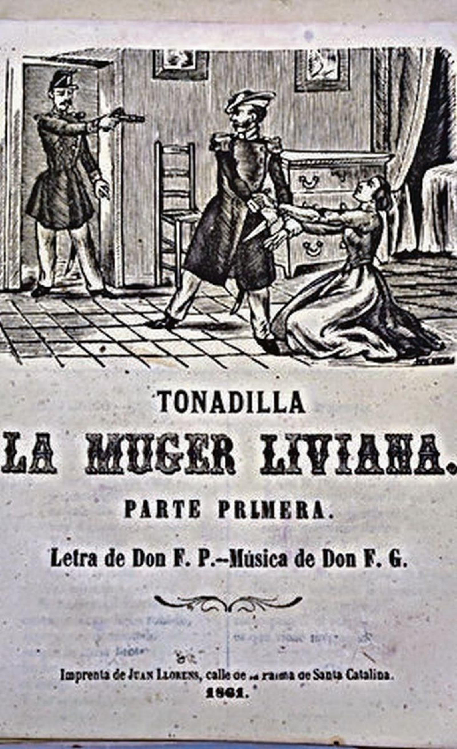 Según el diccionario, liviana es sinónimo de deshonesta, lasciva, fácil, inconstante, de poco peso... y la mujer de esta copla debía de ser todo esto y más viendo la actitud amenazadora de los señores que la rodean.