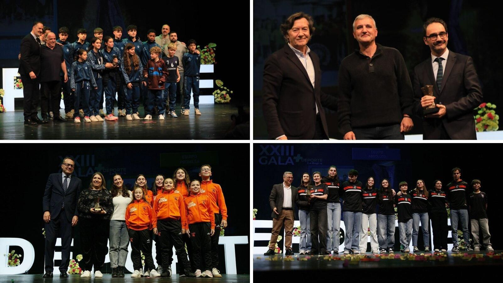 De arriba a abajo, de izquierda a derecha: Rubén Saavedra, director territorial de Abanca, entregó el premio al presidente, Eduardo Villar, acompañado por integrantes de la cantera cobista; José Ramón Lete entregó el trofeo a Pablo Fernández y Daniel Lorenzo; Carlos Barbosa, subdirector general de La Región, con el Sincro Ourense; y Luis Menor, presidente de la Deputación de Ourense, entregó el premio a las y los componentes del Club Athlos como reconocimiento a una temporada nacional brillante.