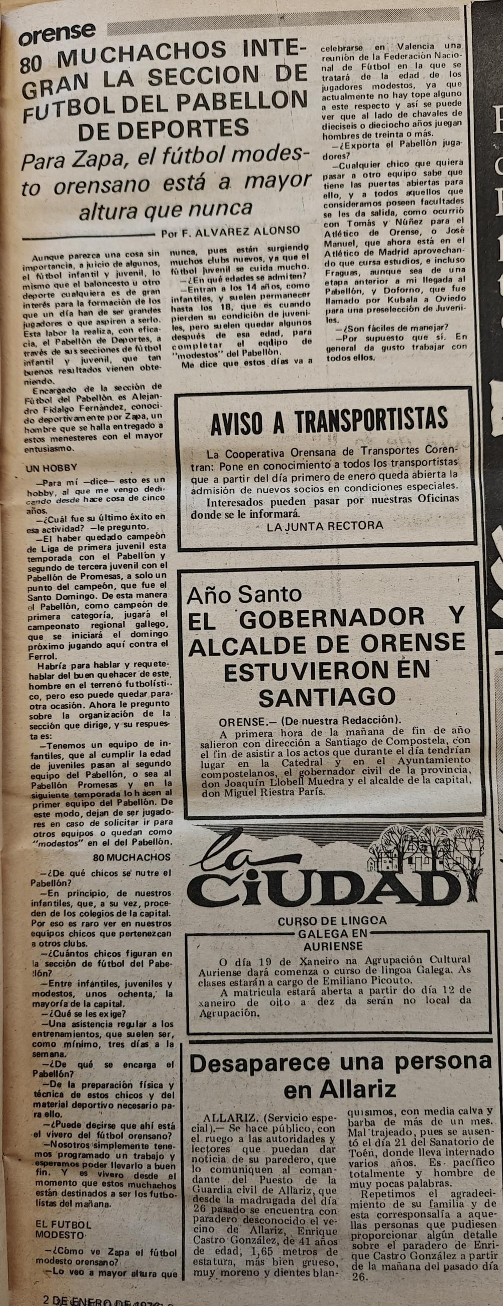 Noticias escaneadas del periódico La Región del 3 de enero de 1976.